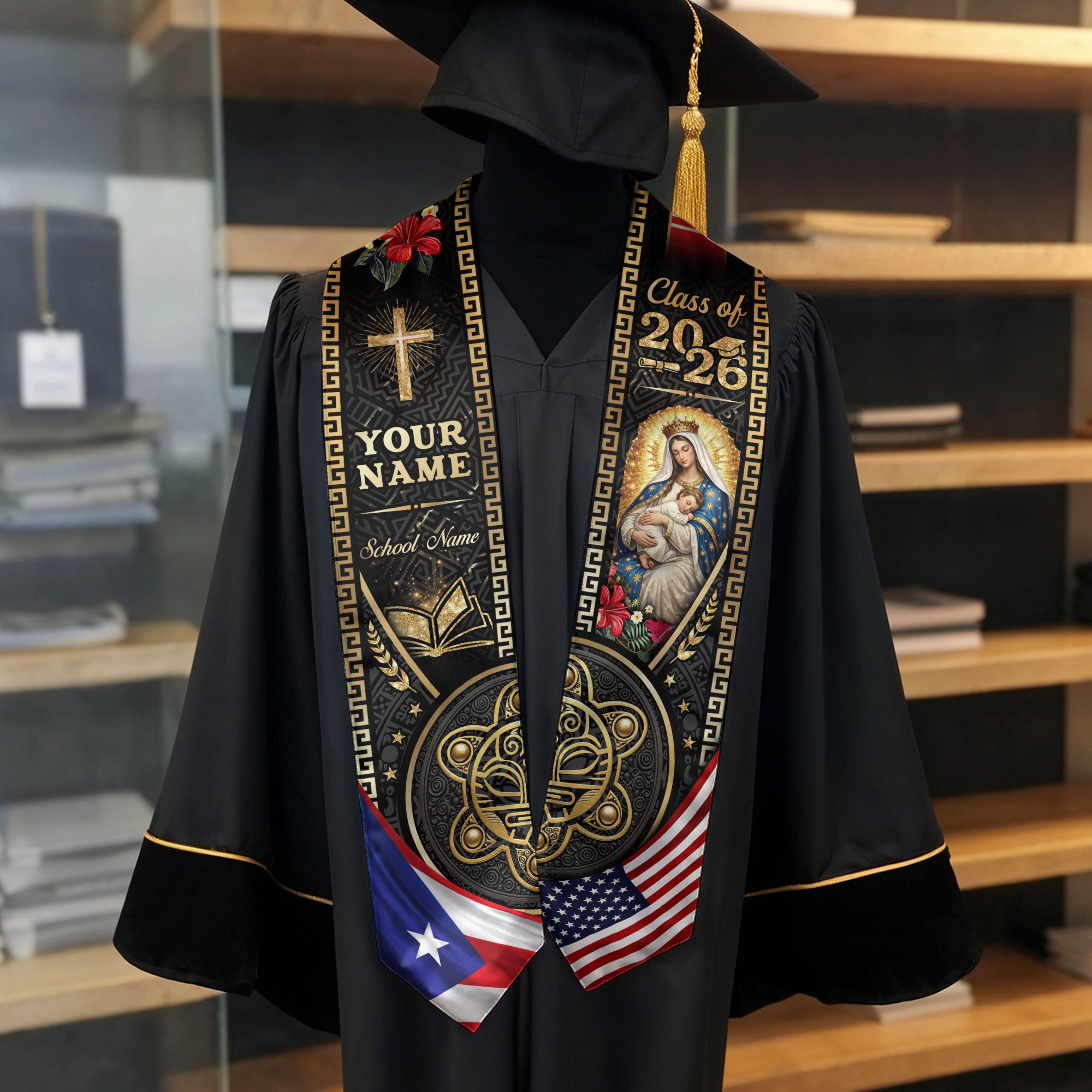 Puerto Rico USA Graduation Stole 2026 - Personalized Name Taino Heritage Sash