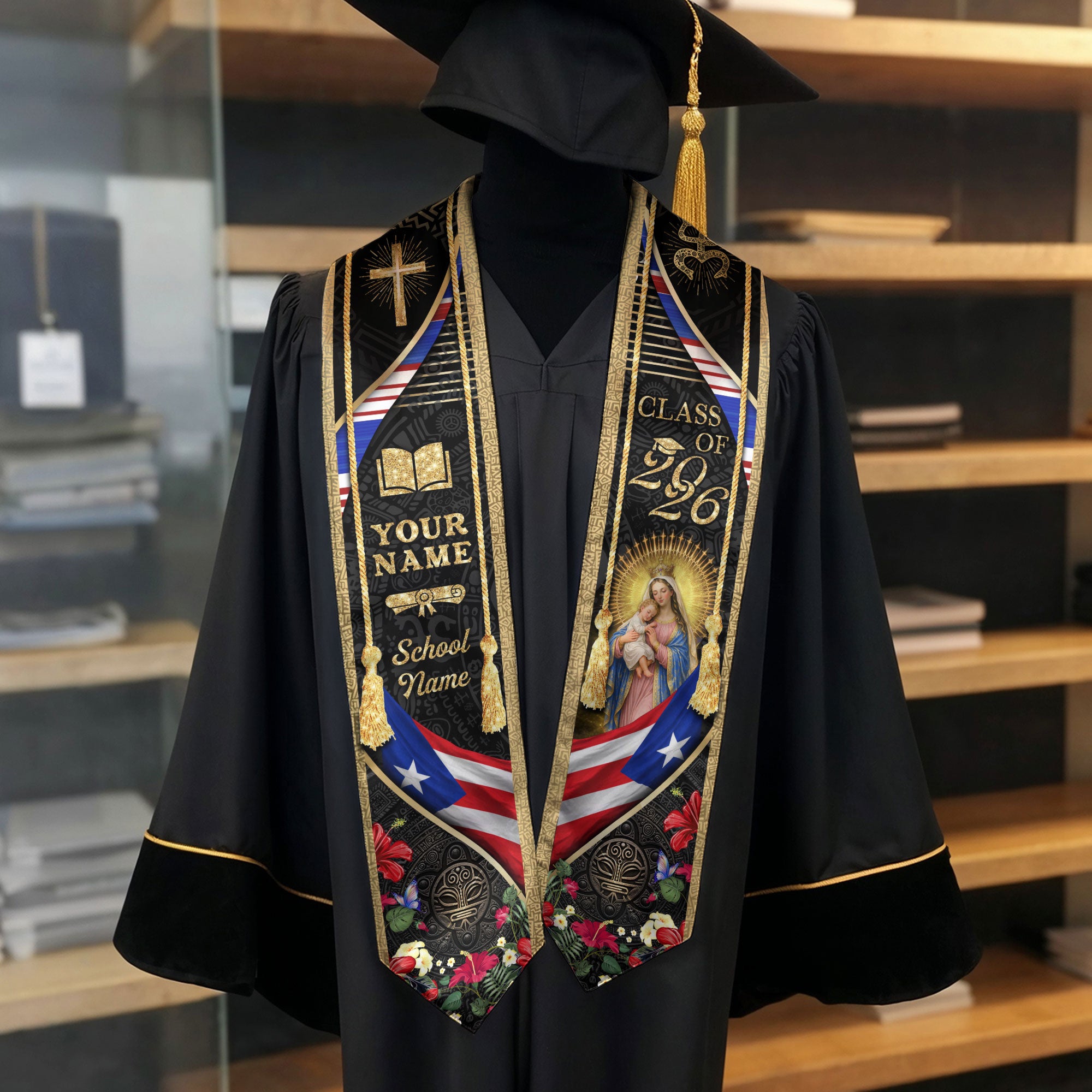 Boricua Pride Puerto Rico Graduation Stole - Custom Name School Coqui Floral Sash
