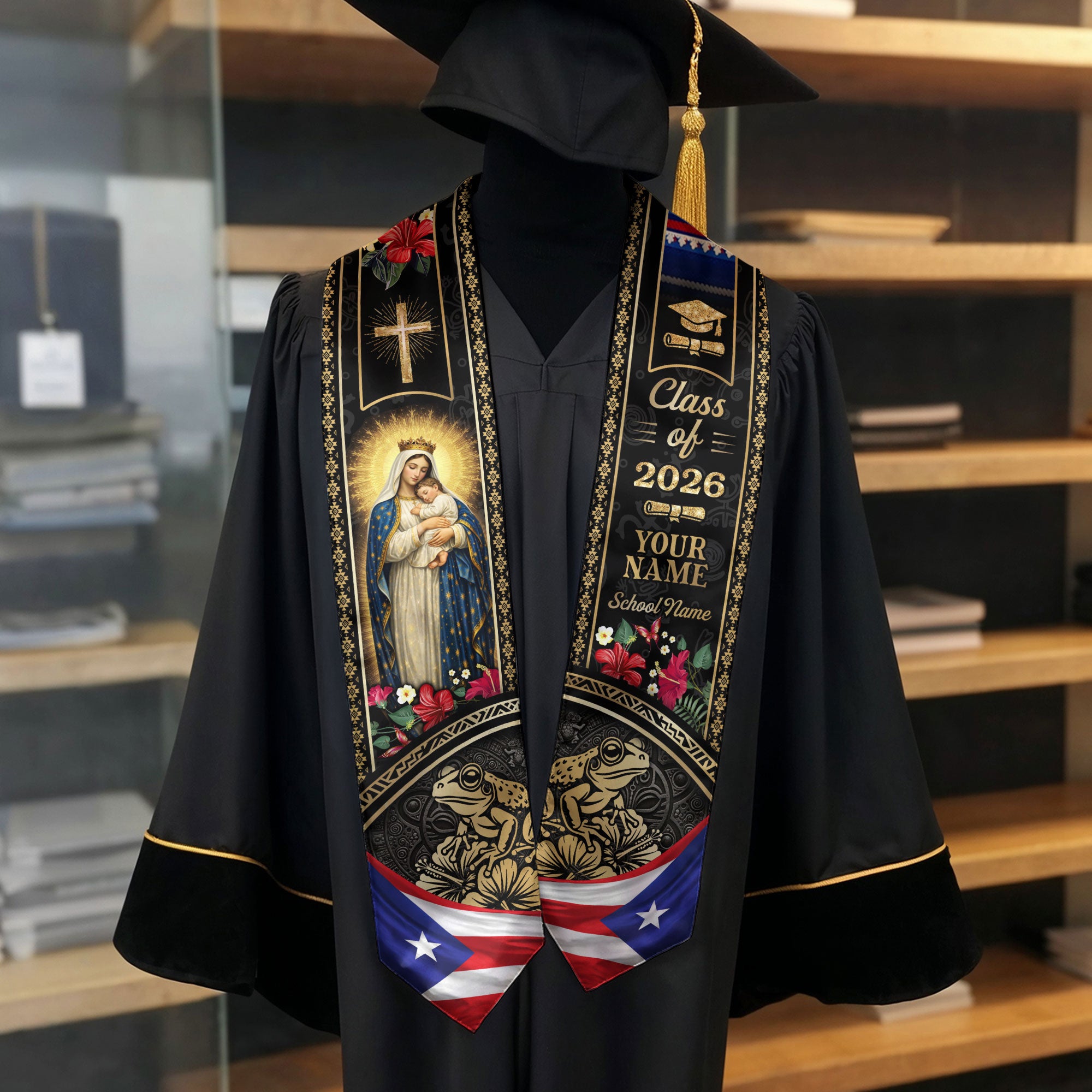 Custom Name Puerto Rico Graduation Stole 2026 - Virgin Mary & Coqui Heritage Print Sash