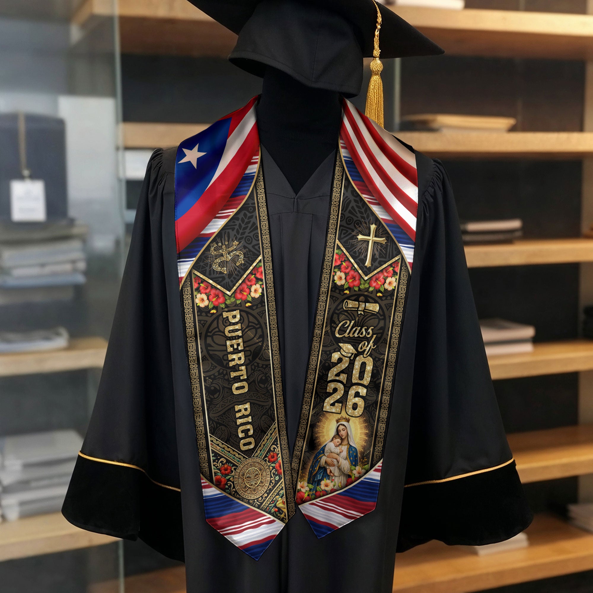 Puerto Rico USA Graduation Stole 2026 - Flag Shoulder Heritage Taino Floral Sash