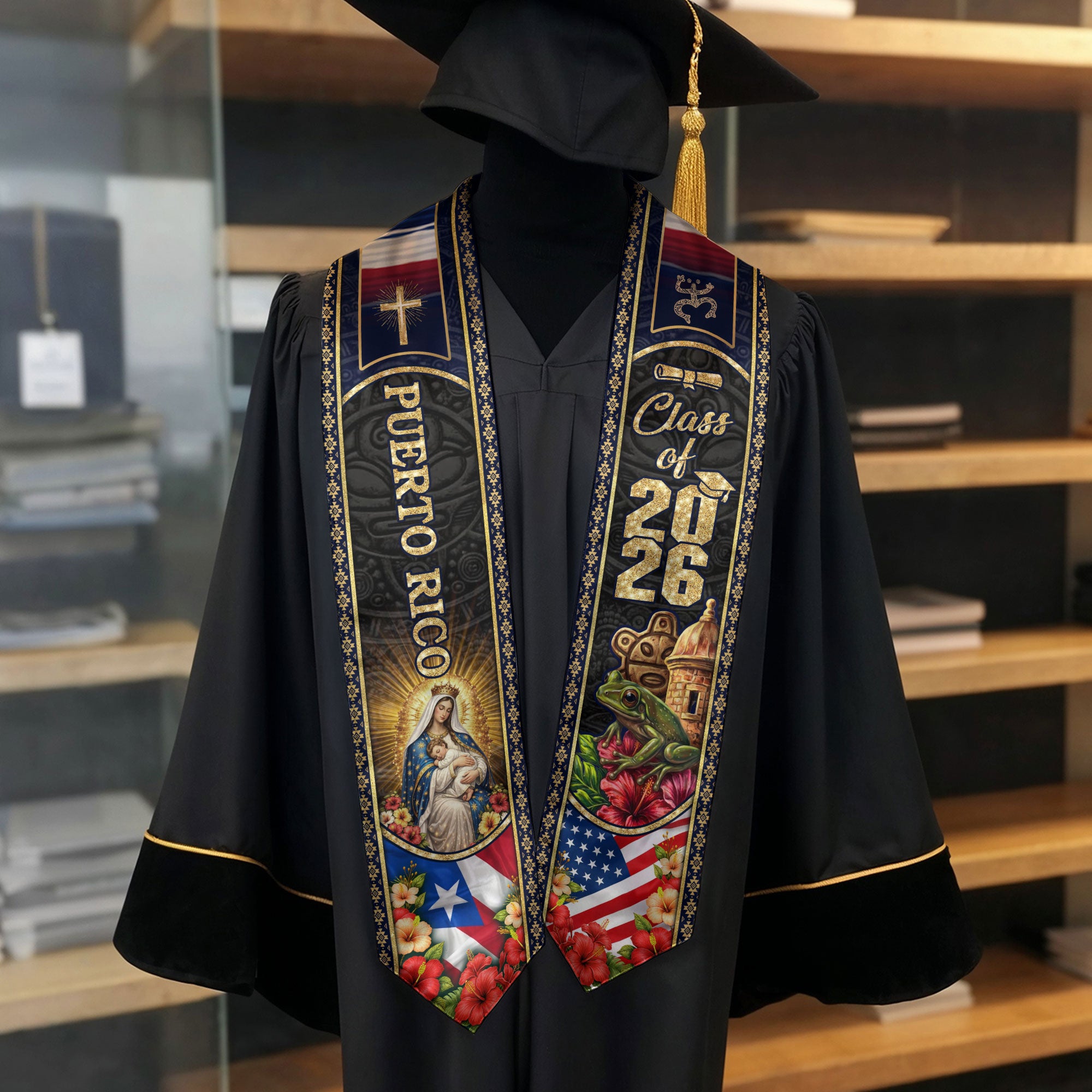 Puerto Rico USA Graduation Stole 2026 - Coqui El Morro & Taino Heritage Floral Sash