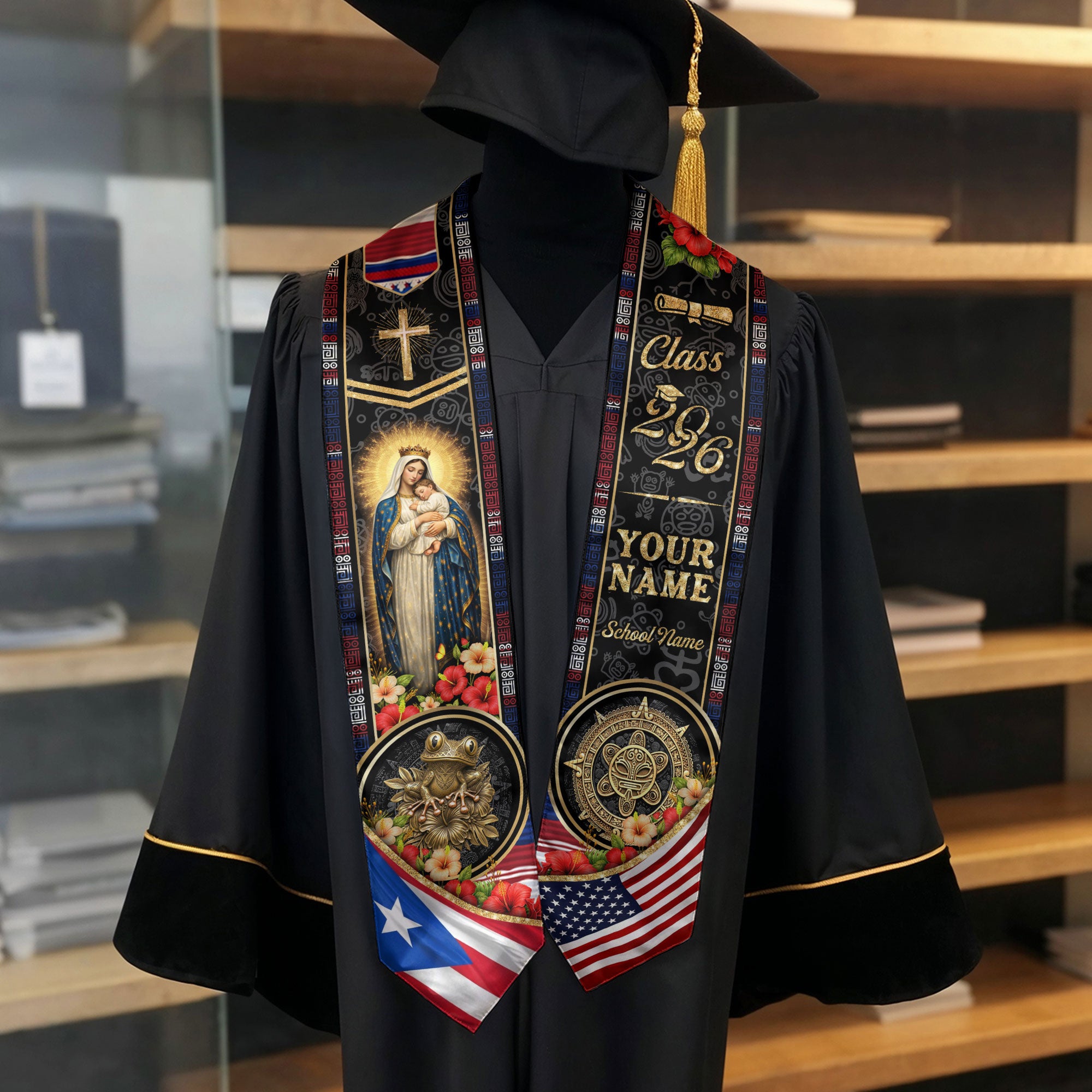 Custom Puerto Rico USA Graduation Stole 2026 Virgin Mary Cross Faith Flag Sash Gift
