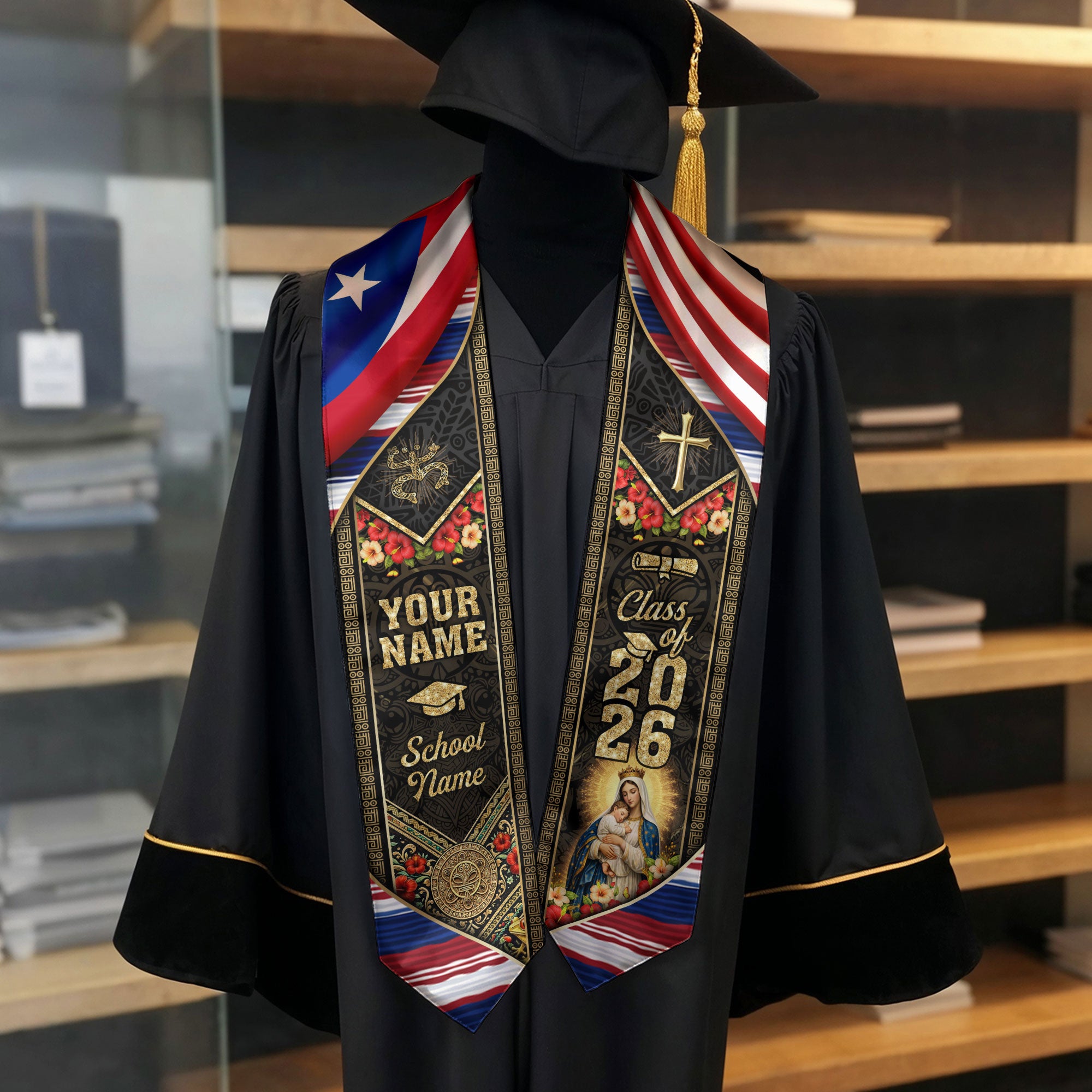 Custom Graduation Stole Class of 2026 Puerto Rico Virgin Mary Coqui Frog Personalized Name Sash