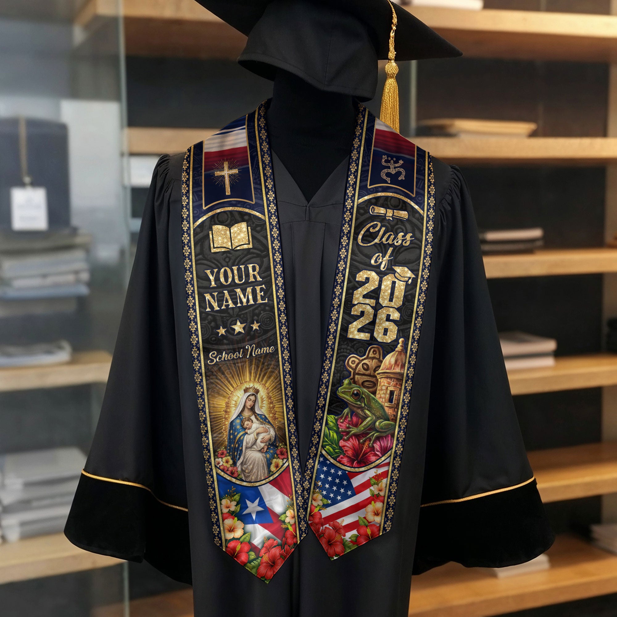 Custom Puerto Rico Graduation Stole Class of 2026 Virgin Mary Cross Floral Coqui Frog Sash