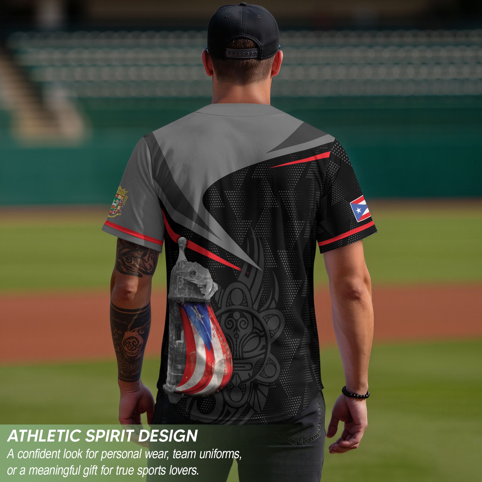 Puerto Rico Heritage Fortress Gray Black Tribal Graphic Boricua Baseball Jersey
