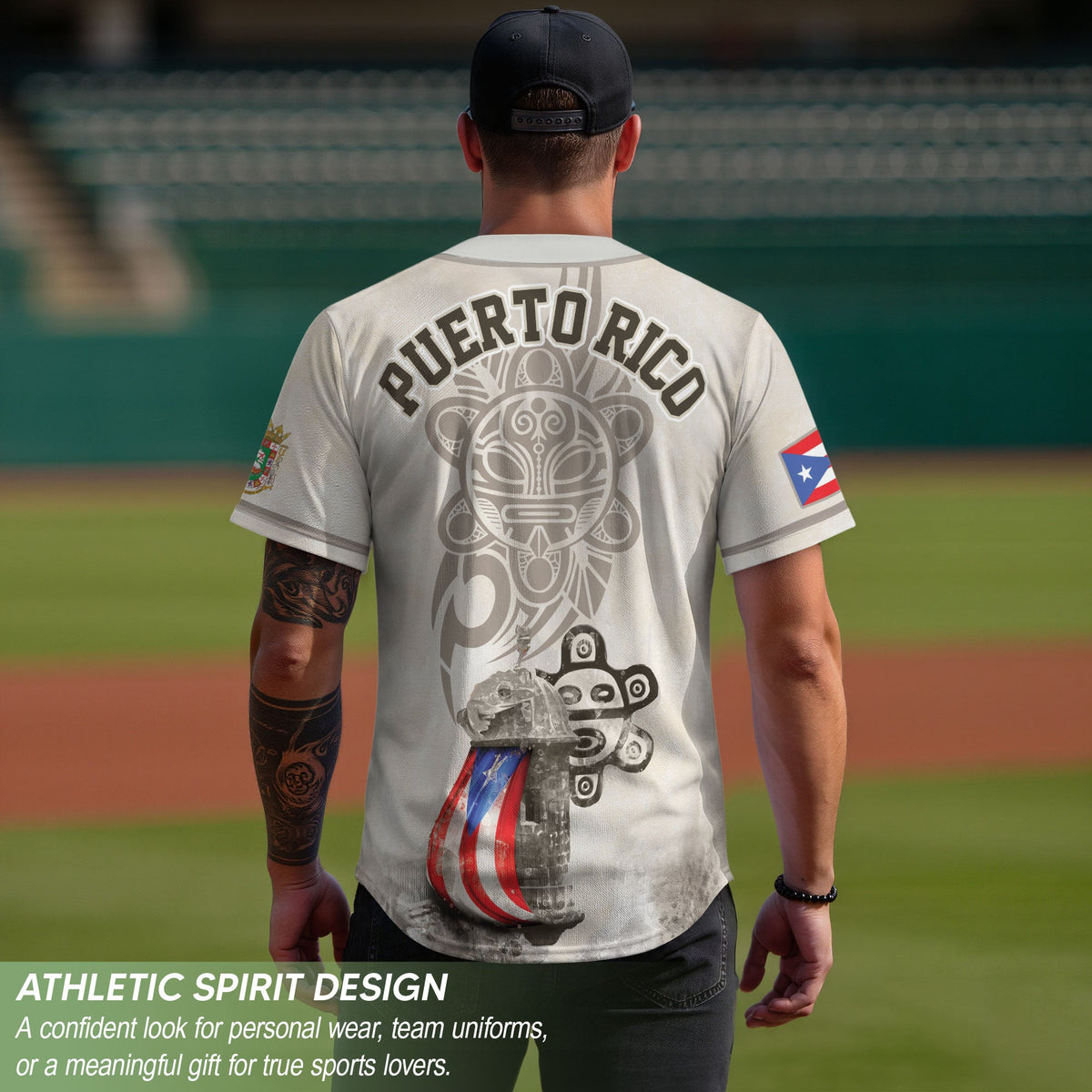 Puerto Rico Baseball Jersey in Heritage White for Men and Women, Beige Boricua Fortress Tribal Graphic, Bold Puerto Rico Shirts for Fans, Northryn Co.