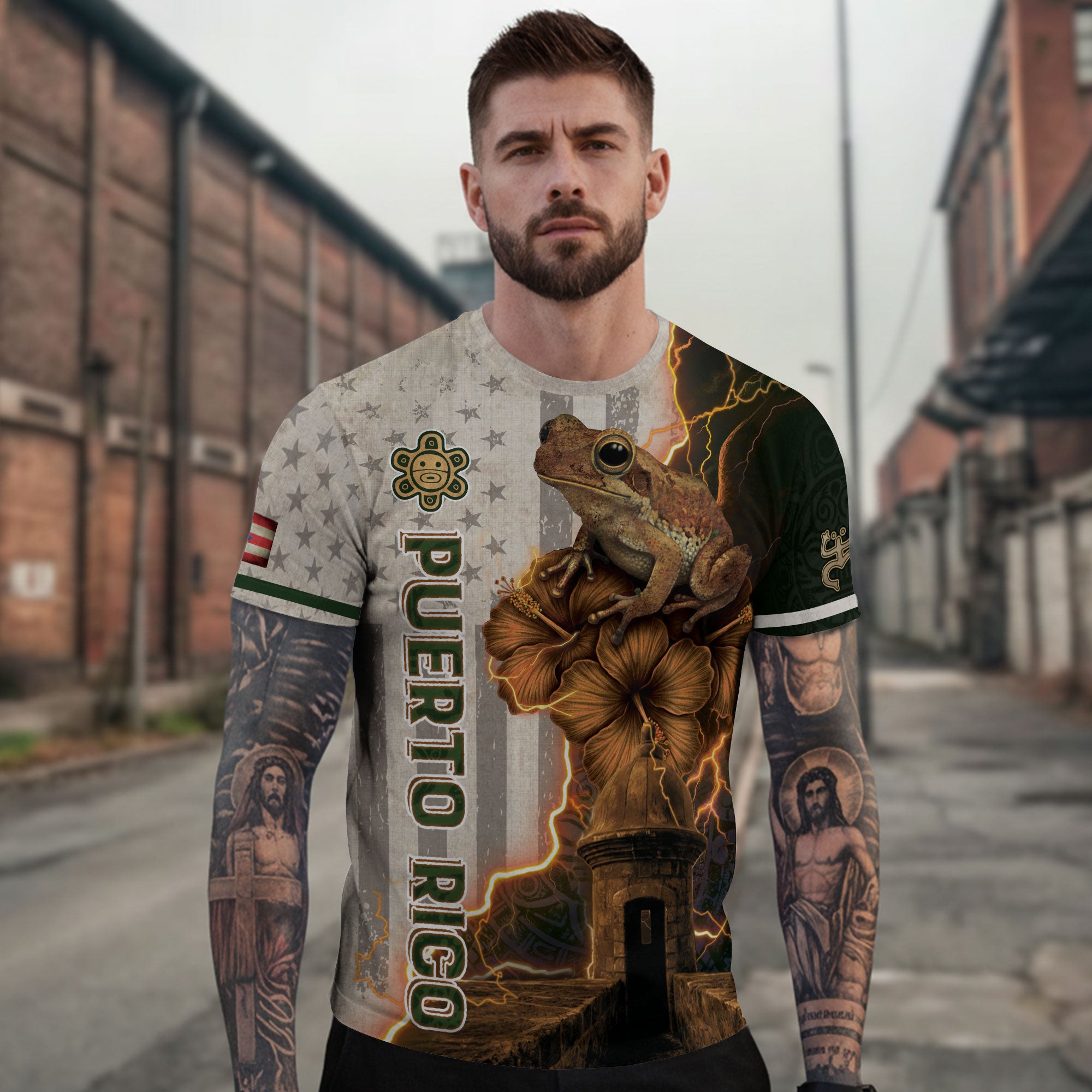 Puerto Rico Boricua Coqui Frog El Morro Lightning Beige Brown Green National Shirt