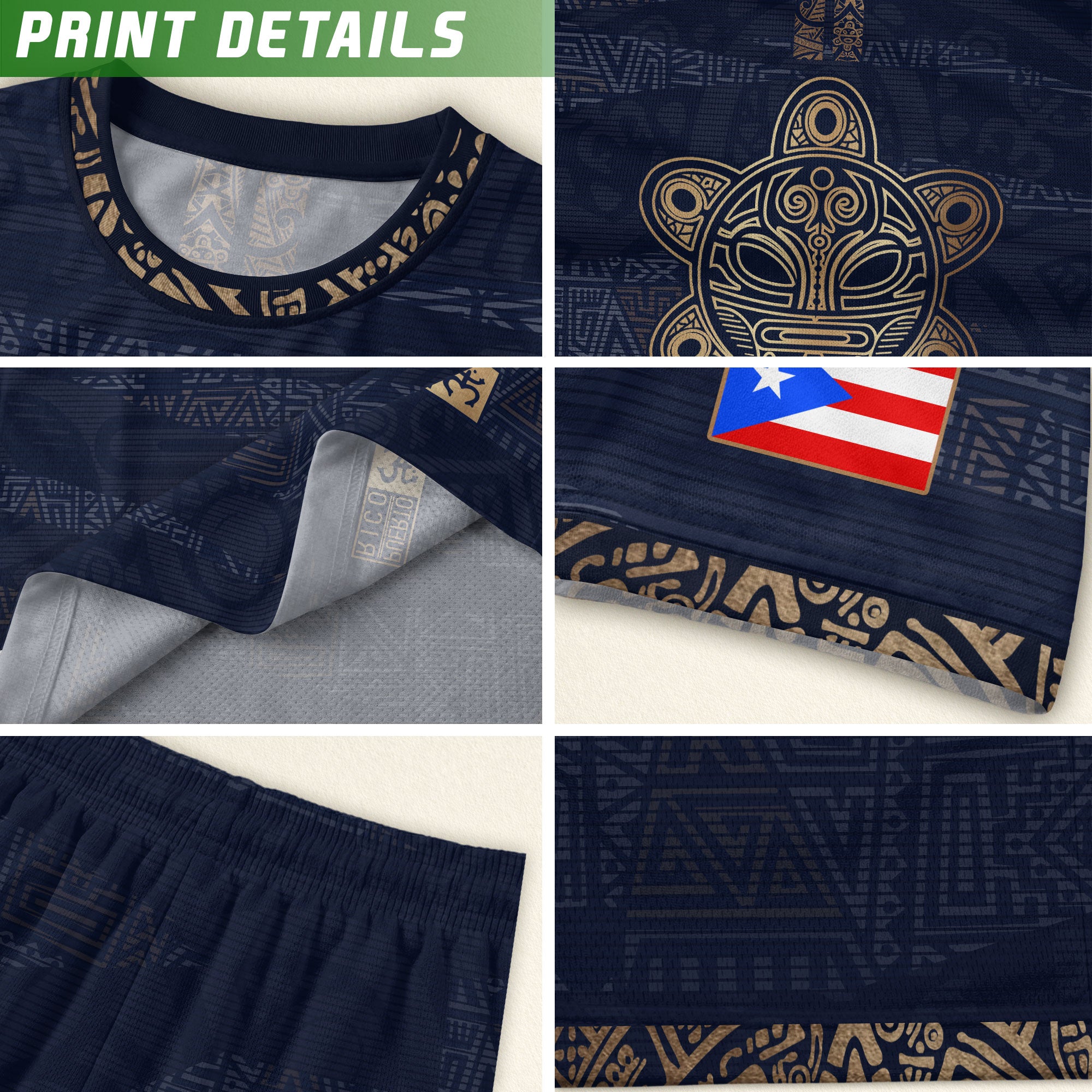 Puerto Rico Navy Gold Taino Tribal Pattern National Heritage Boricua Soccer Jersey
