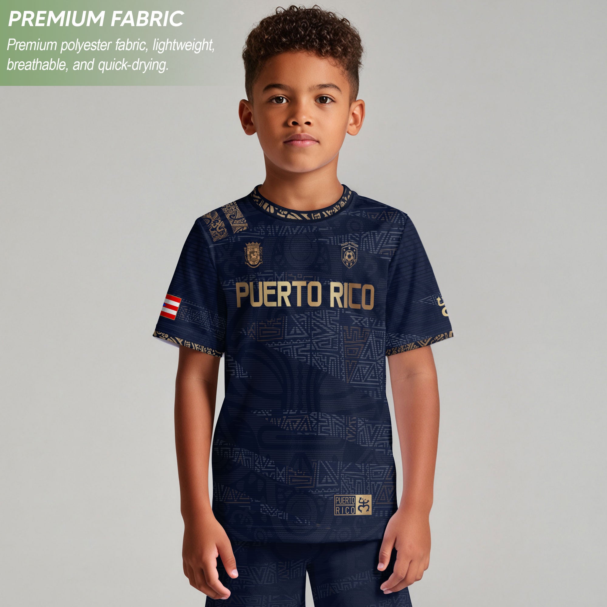Camiseta de fútbol boricua de herencia nacional con diseño tribal taíno dorado azul marino para niños y jóvenes de Puerto Rico