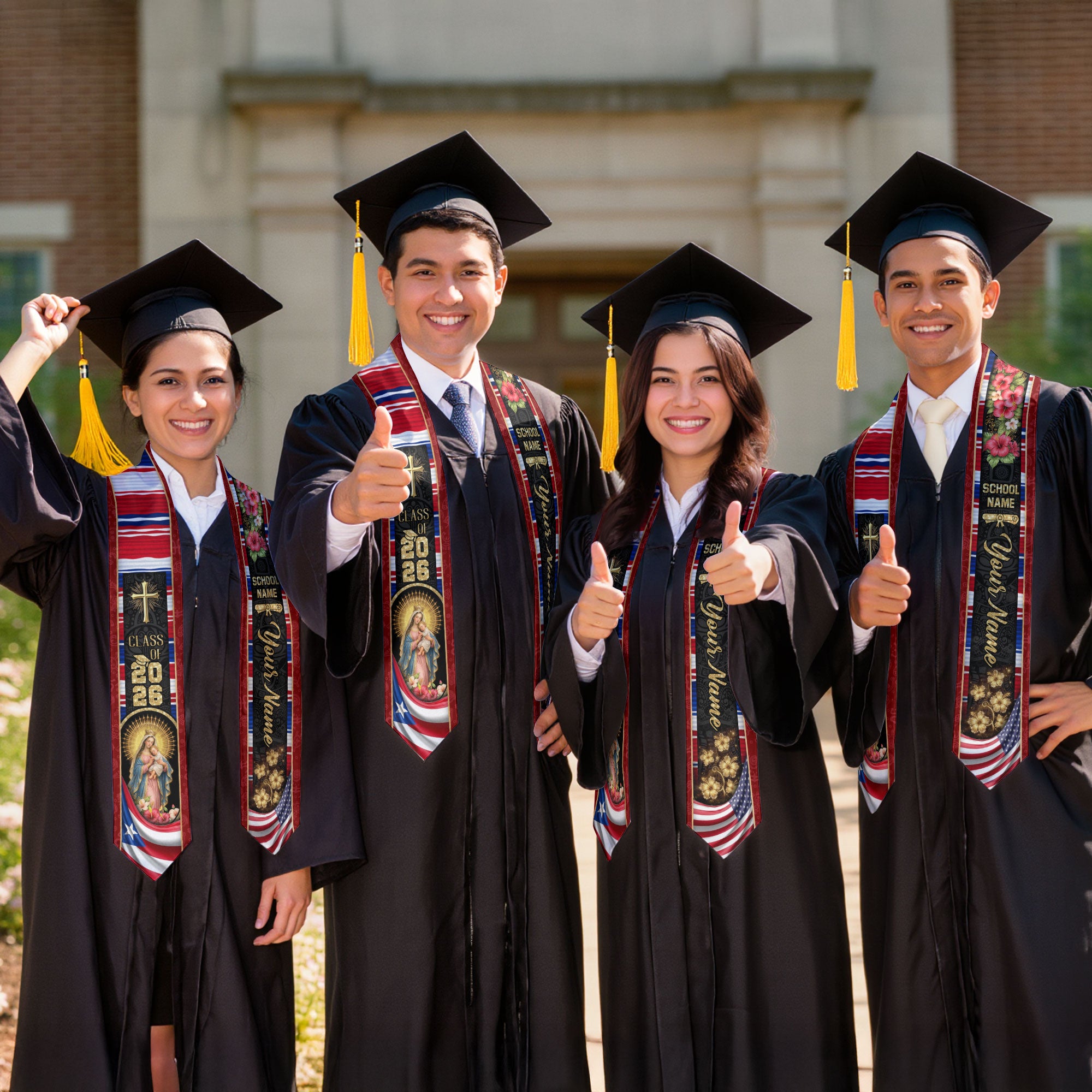 Custom Graduation Stole Class of 2026 Puerto Rico Virgin Mary Personalized Name Sash