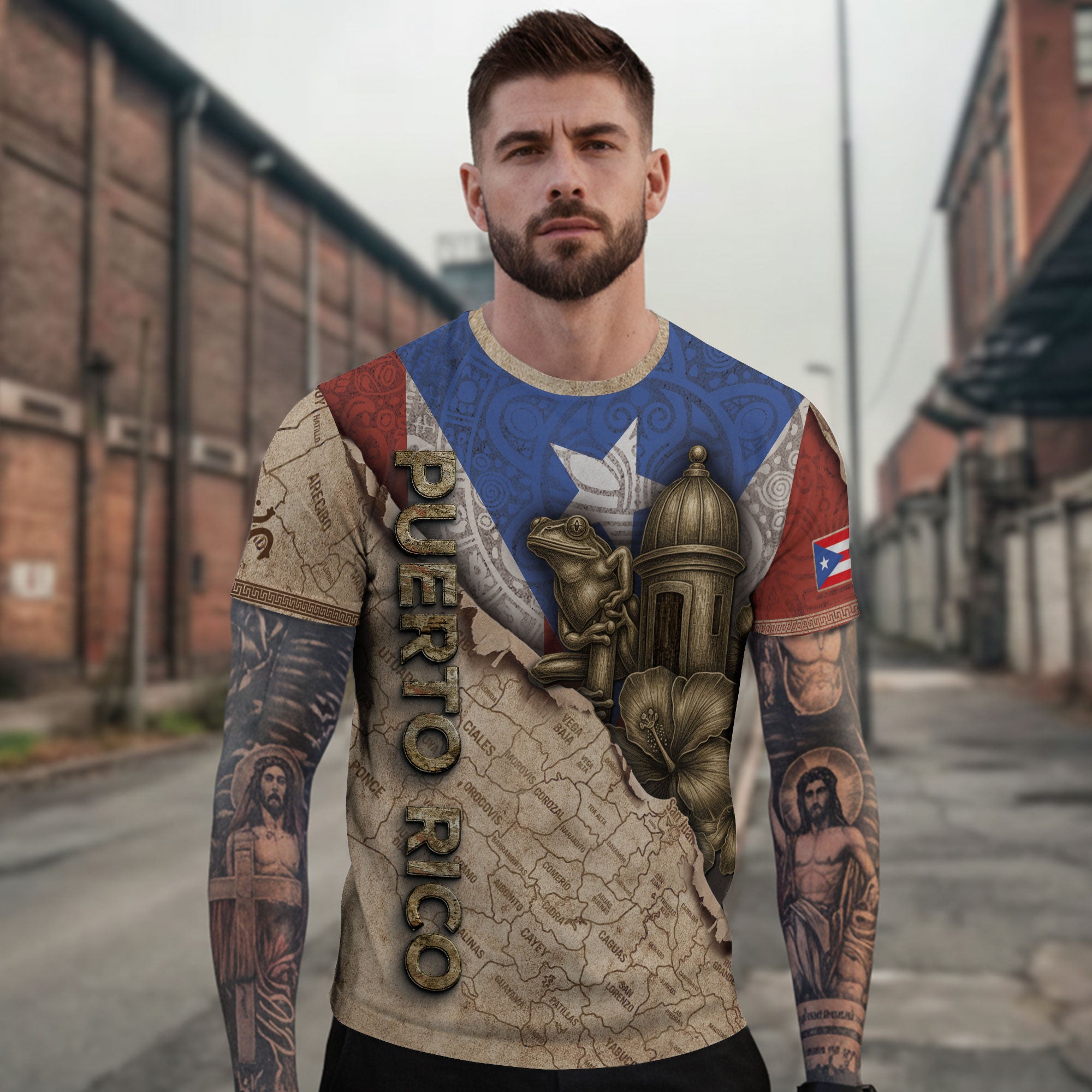 Puerto Rico Map Coqui Frog Hibiscus Garita Heritage Pride Boricua Spirit Shirt