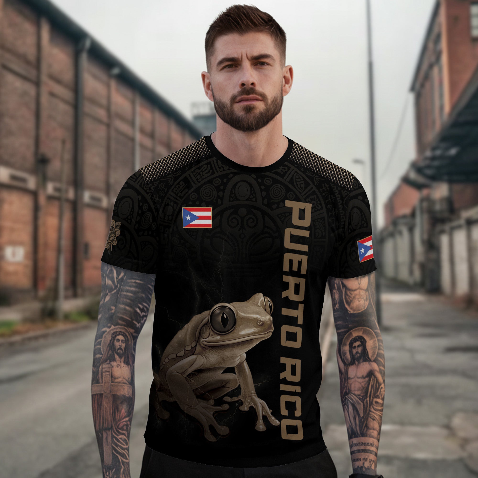 Puerto Rico Coqui Frog Taino Heritage Pride Boricua Tribal Camisa Dorada Negra