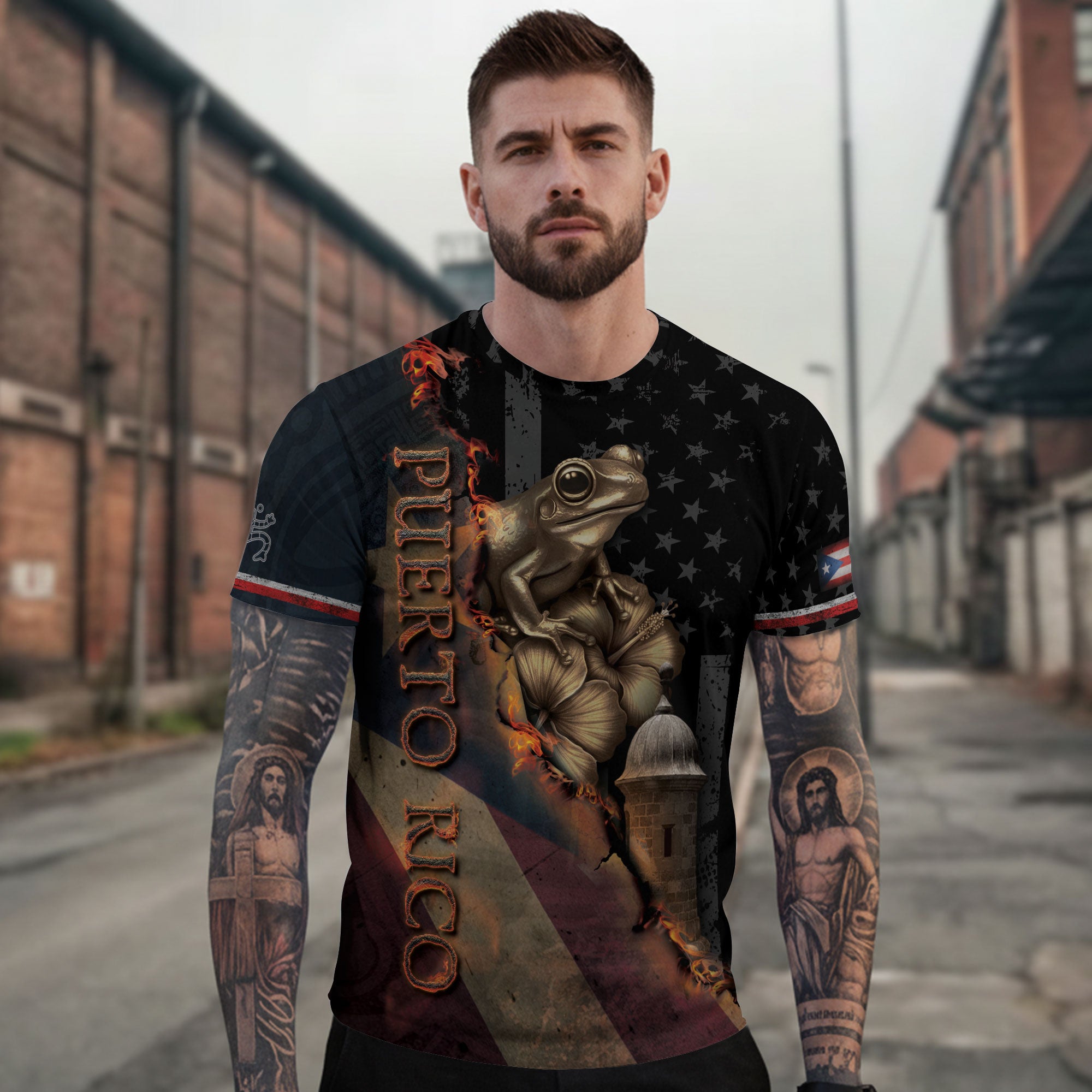 Bandera de Puerto Rico Coqui Hibiscus Taino Heritage Pride Boricua Fire Spirit Shirt