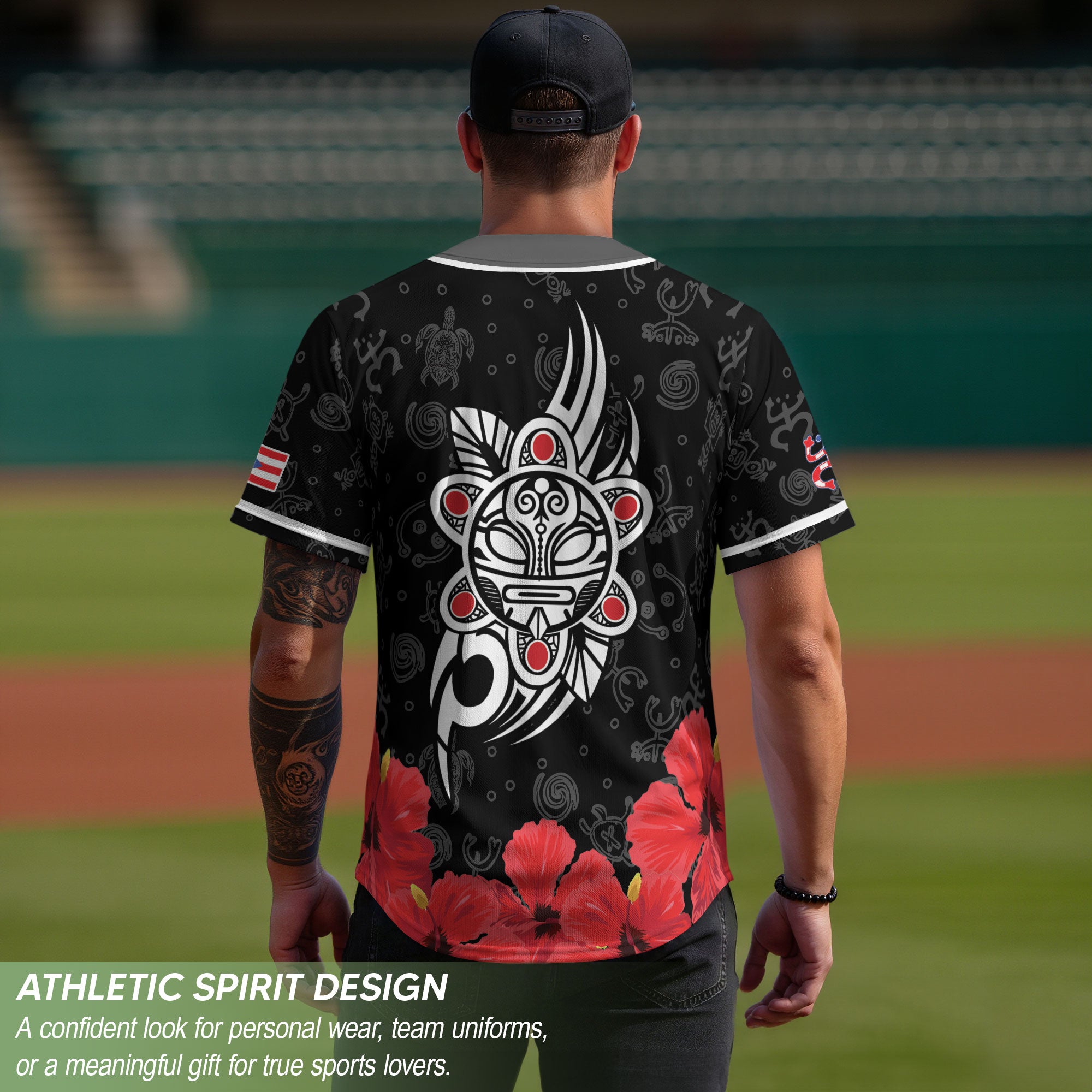 Puerto Rico Boricua Red Hibiscus Floral Flag Taino Heritage Baseball Jersey