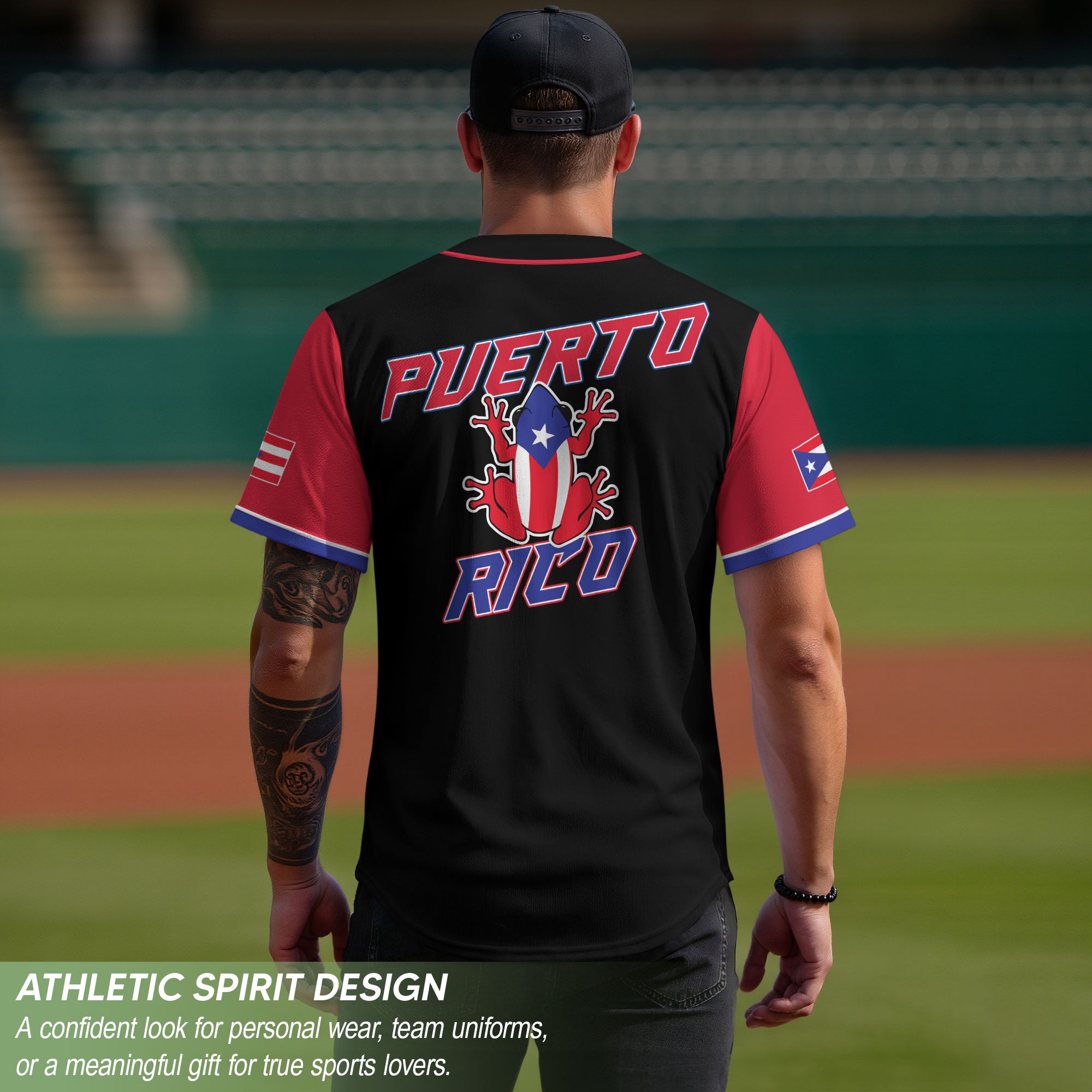 Puerto Rico Boricua Black Red Torn Flag Coqui Frog Heritage Baseball Jersey