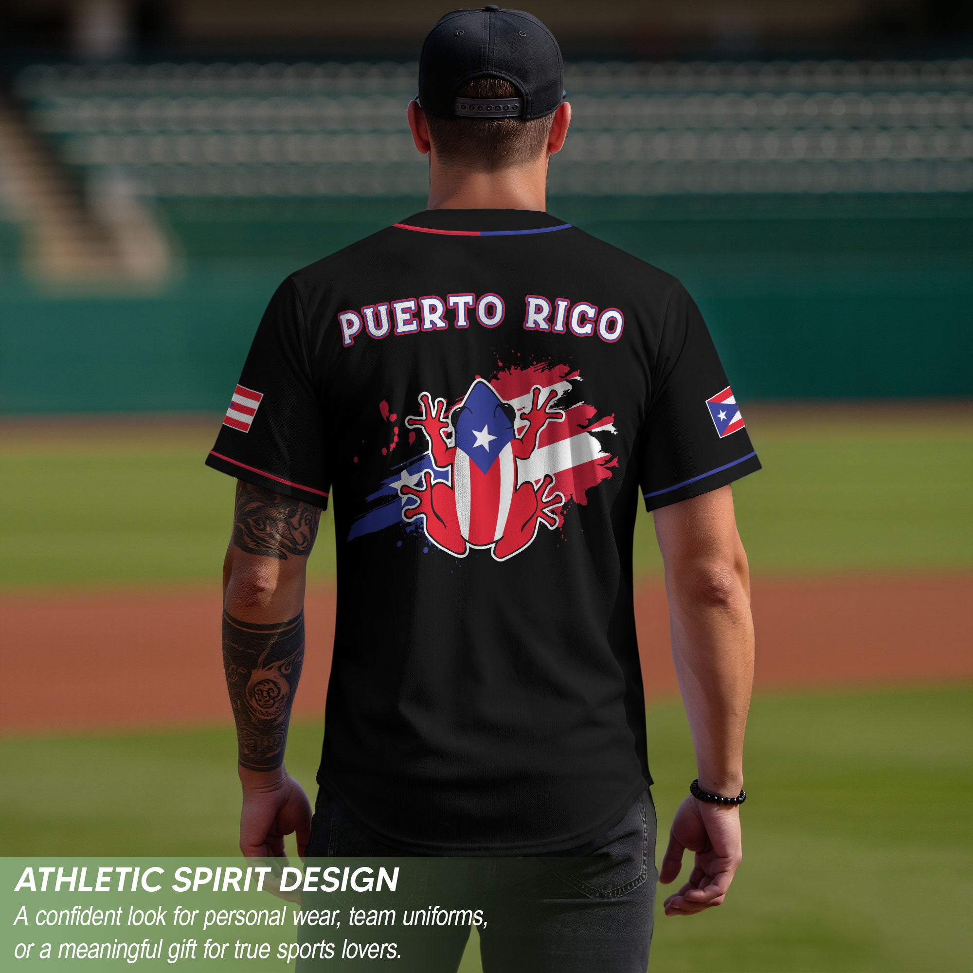 Puerto Rico Boricua Black Blue Red Splatter Coqui Frog Heritage Baseball Jersey