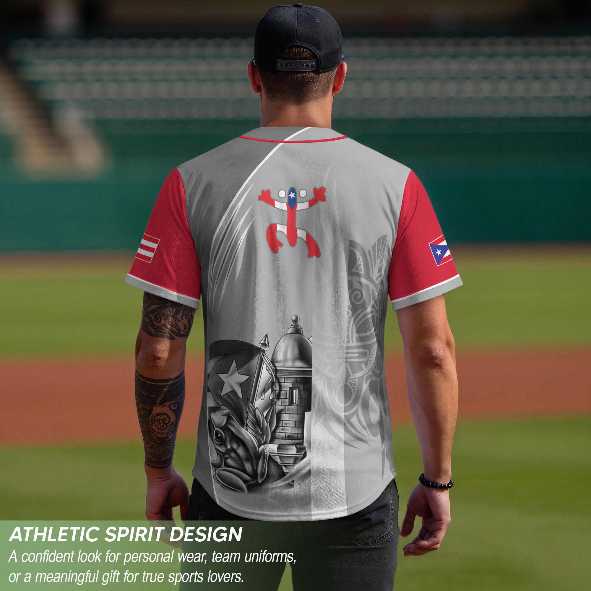 Puerto Rico Boricua Gray Red Fortress Coqui Frog Taino Heritage Baseball Jersey