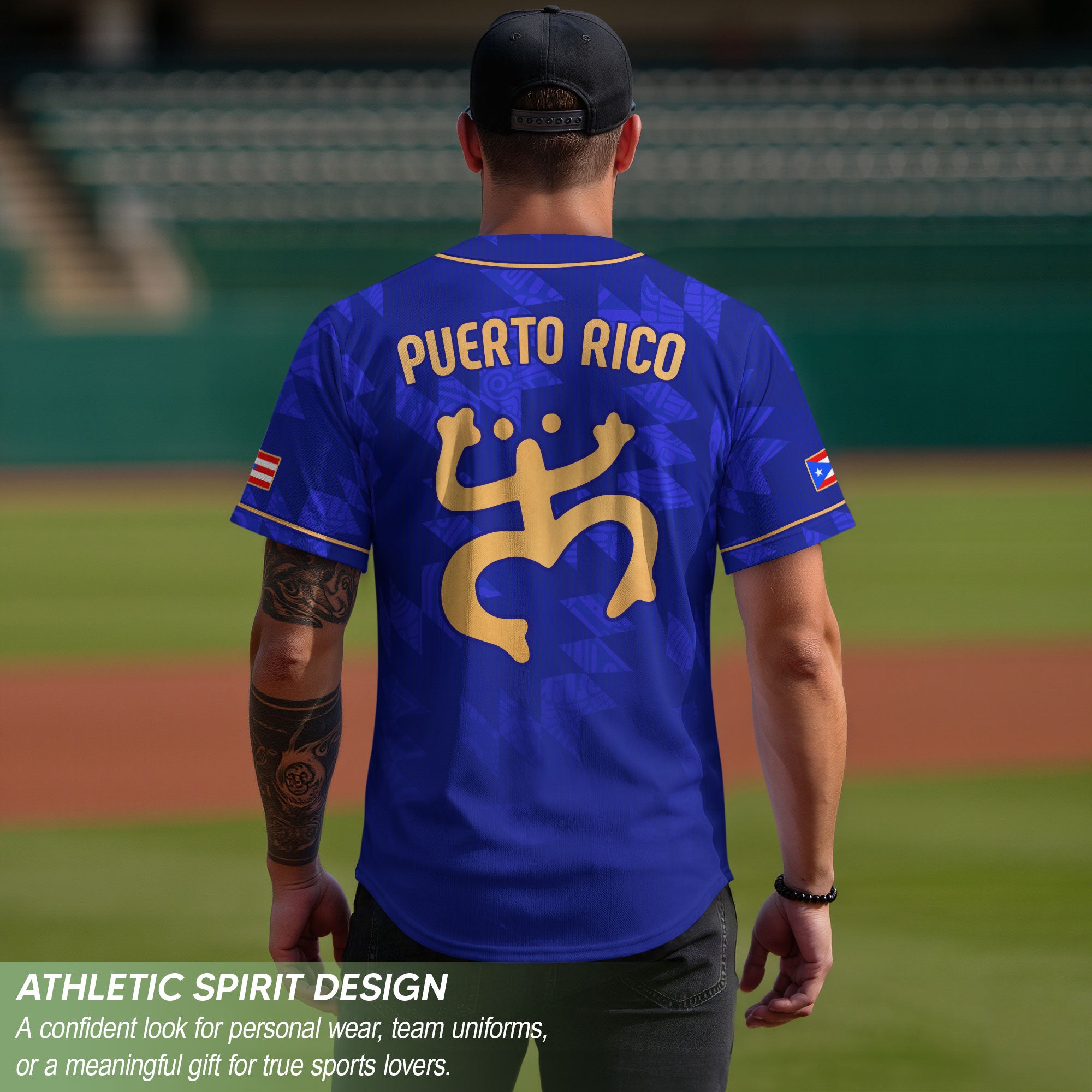 Puerto Rico Boricua Navy Blue Gold Tribal Sun Heritage Graphic Baseball Jersey