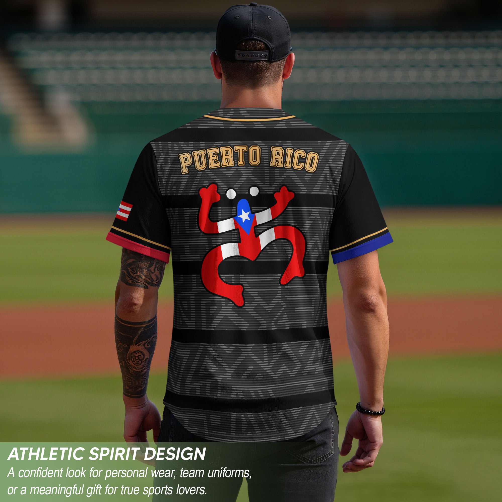 Puerto Rico Boricua Black Gray Taino Pattern Coqui Frog Heritage Baseball Jersey
