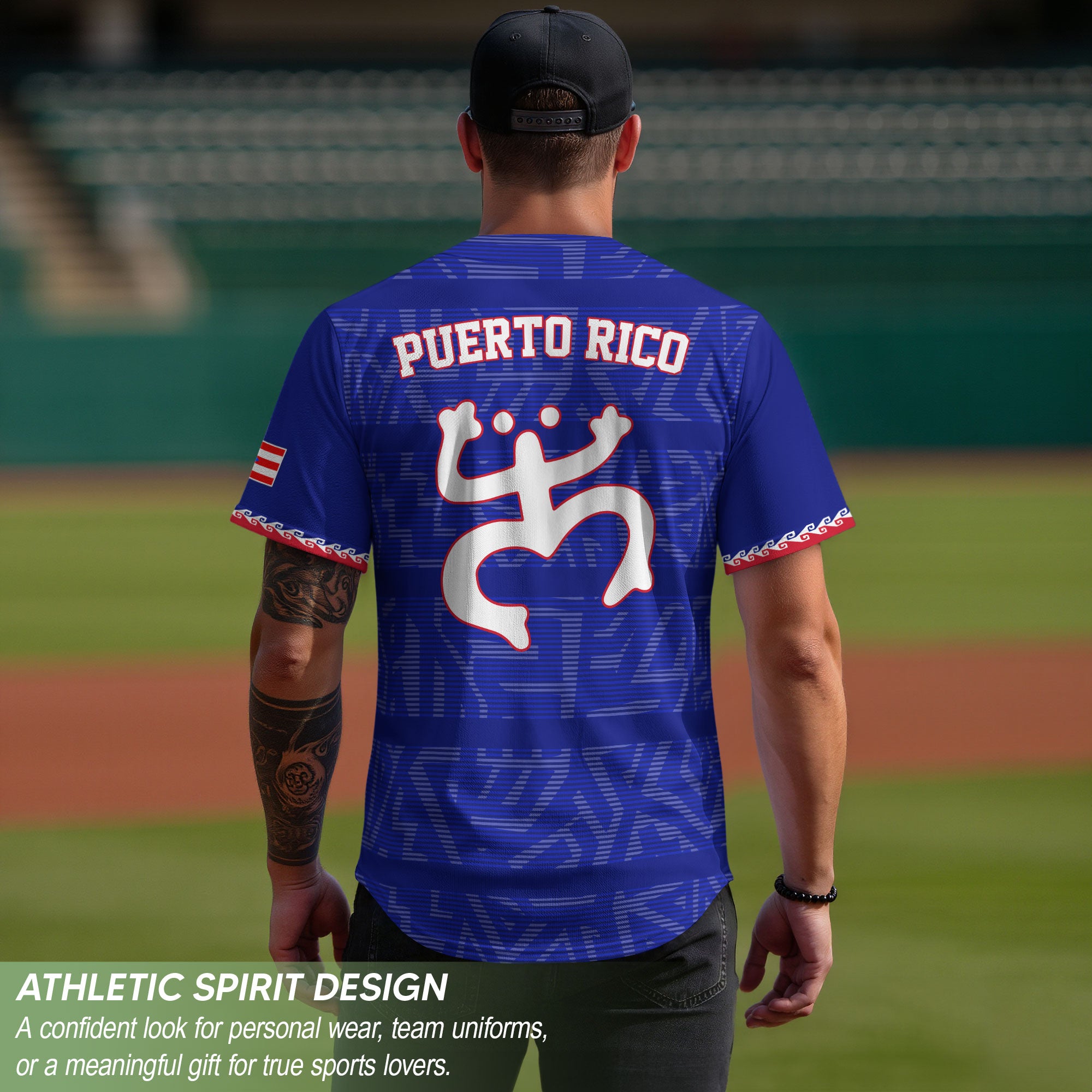 Puerto Rico Boricua Navy Royal Blue Taino Pattern Coqui Frog Baseball Jersey