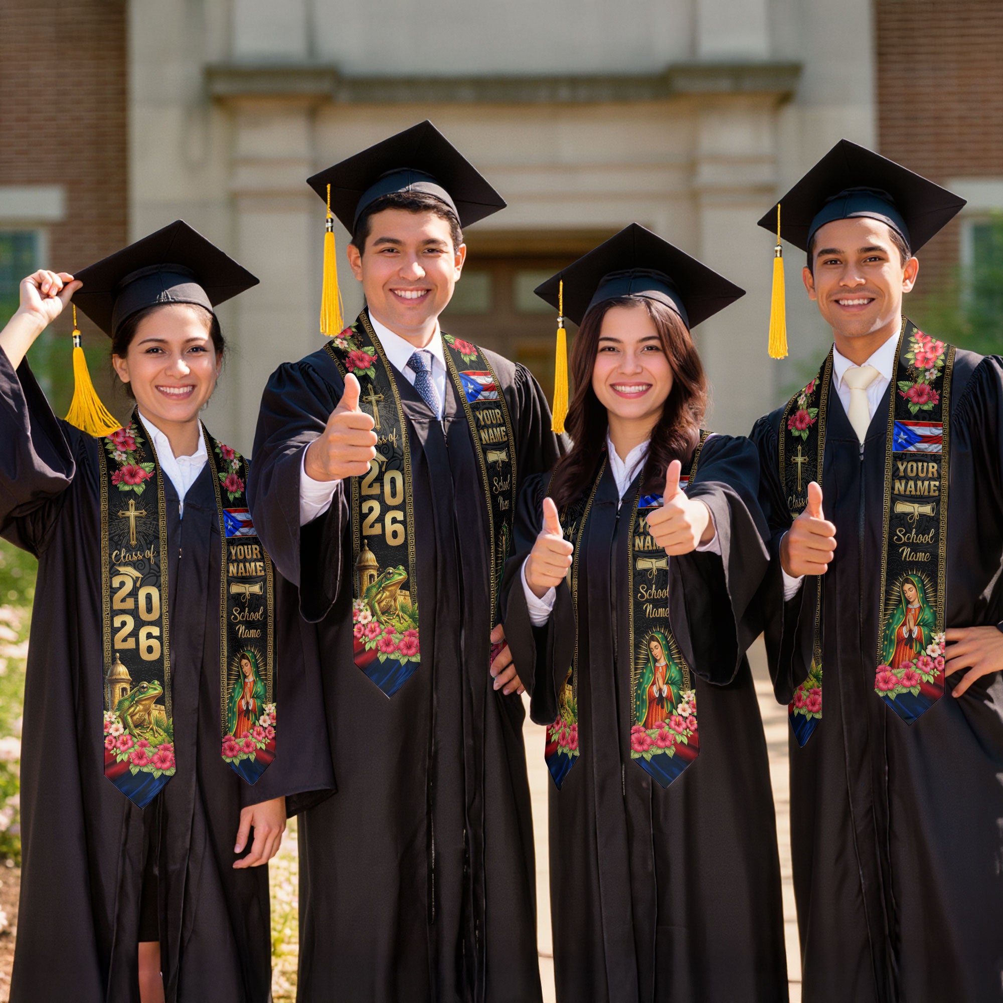 Custom Puerto Rico Graduation Stole 2026 – Guadalupe Cross Coqui Flag Sash