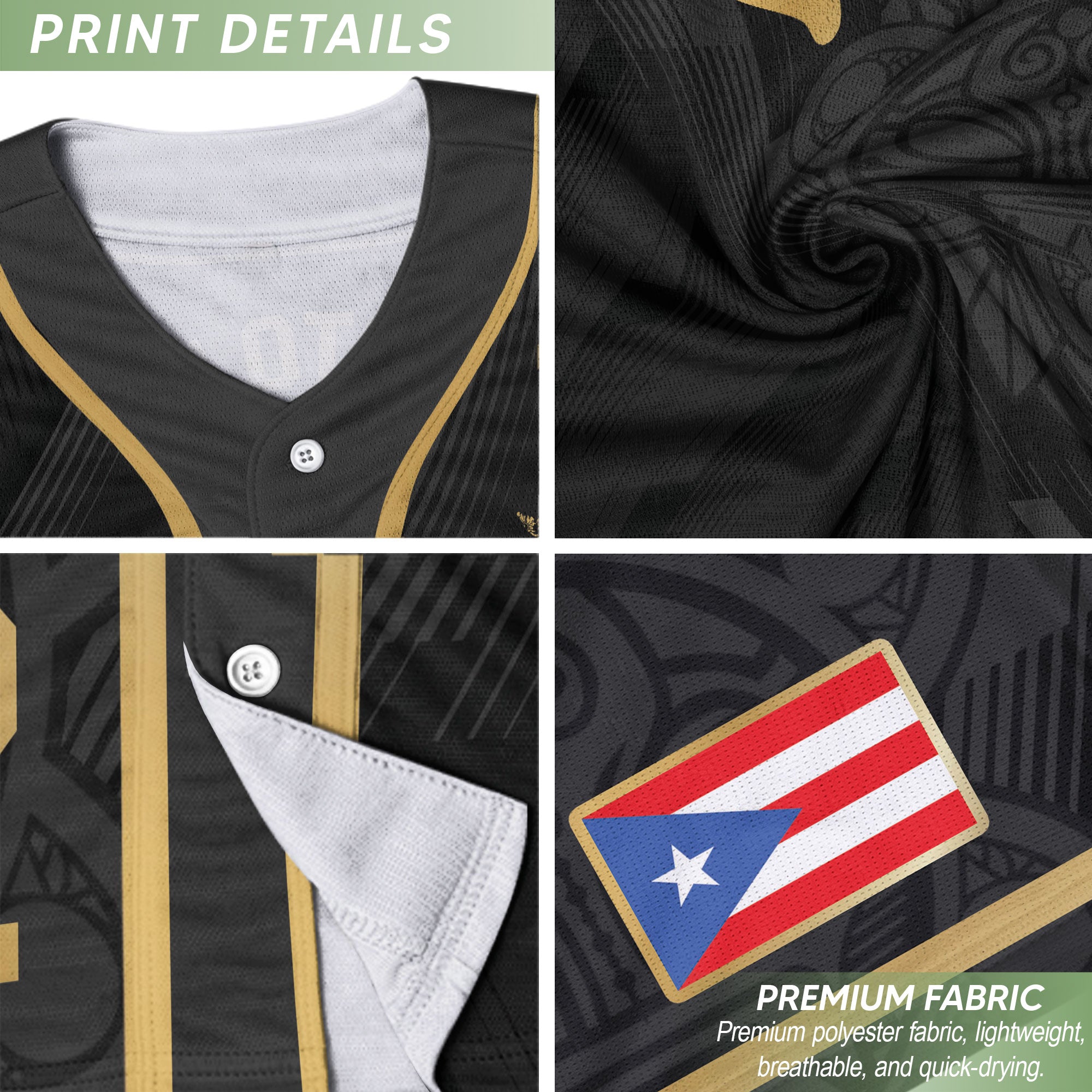 Puerto Rico Boricua Jerseys Black Gold Tribal National Heritage Baseball Jersey
