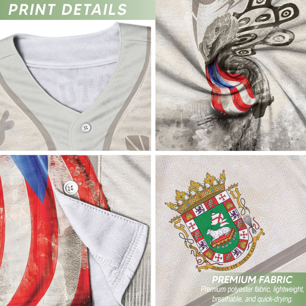 Puerto Rico Baseball Jersey in Heritage White for Men and Women, Beige Boricua Fortress Tribal Graphic, Bold Puerto Rico Shirts for Fans, Northryn Co.