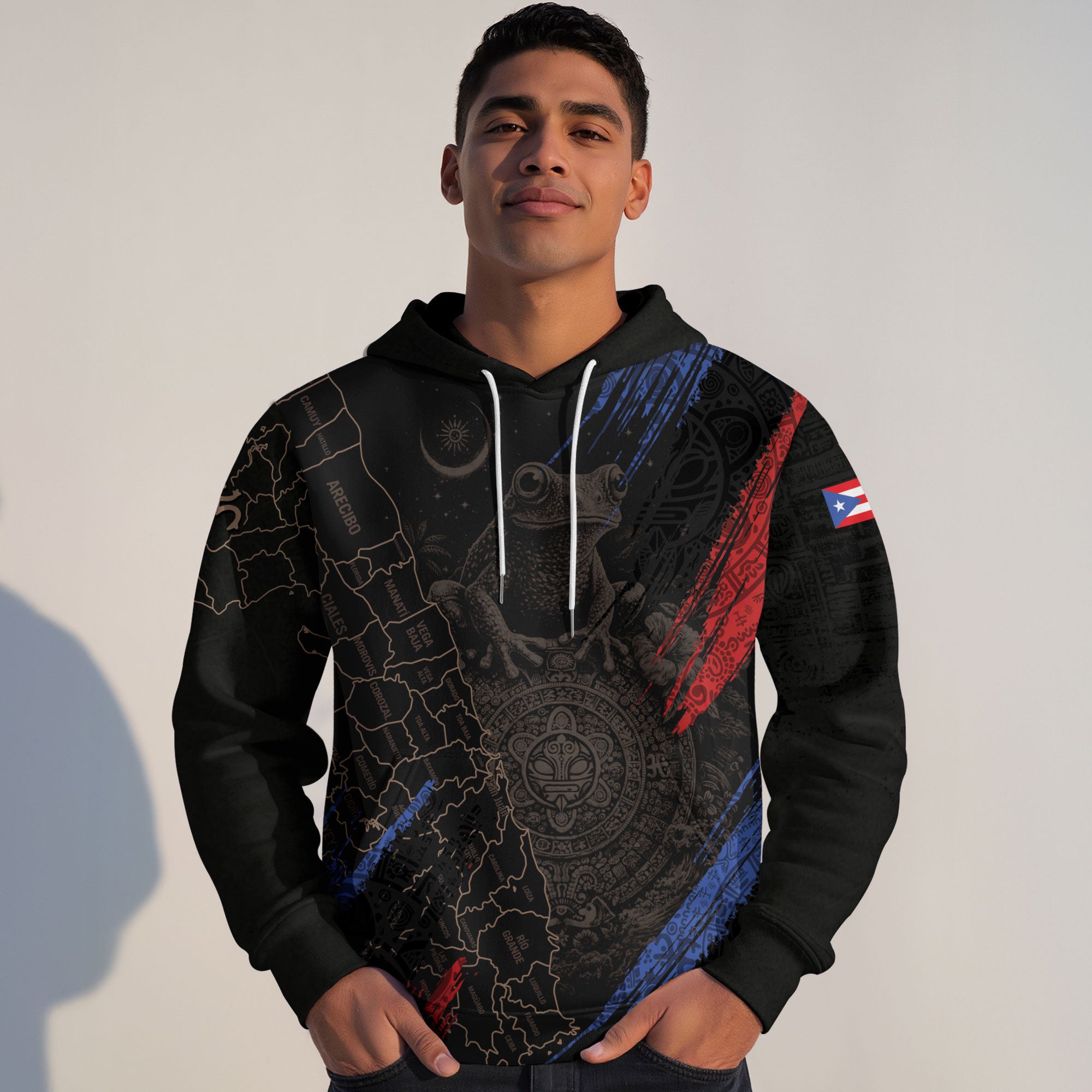 Puerto Rico Map Boricua Coqui Frog Taino Tribal Black Red Blue Heritage Hoodie