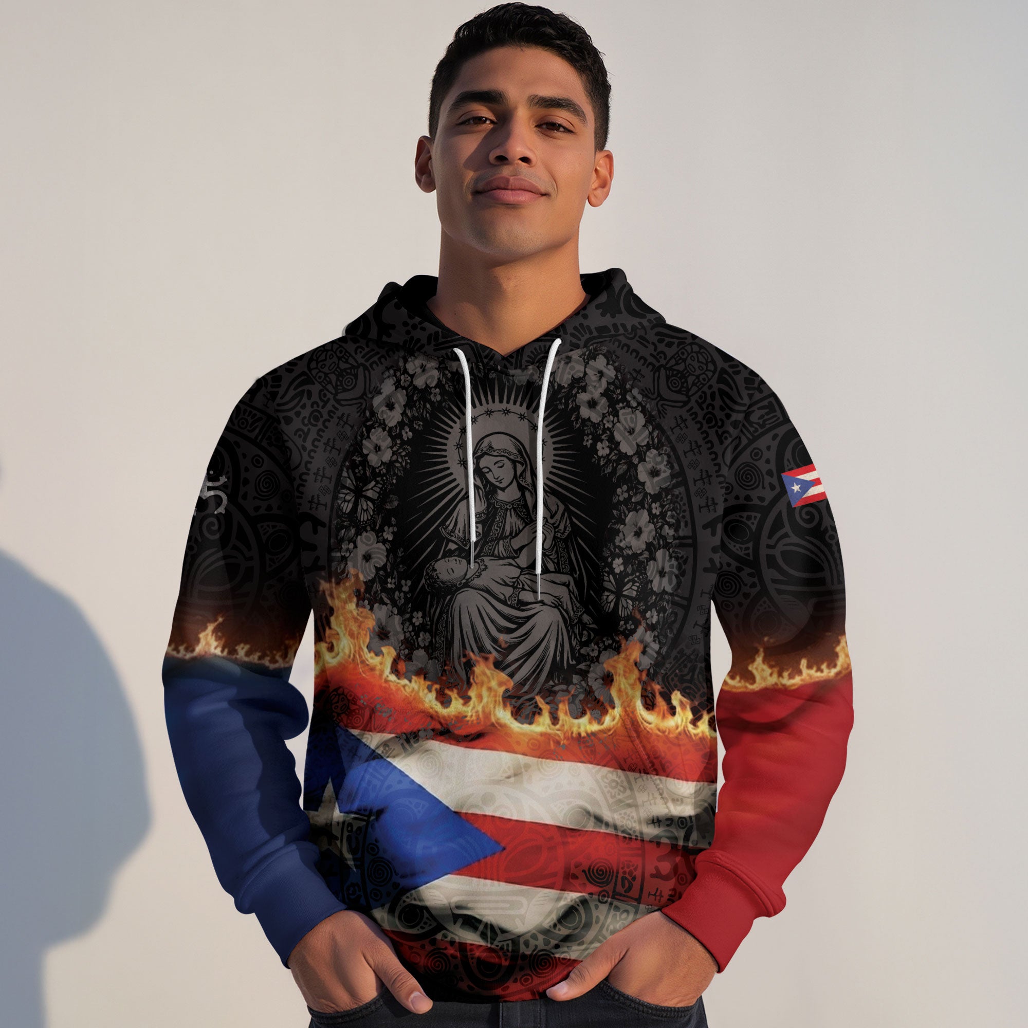 Puerto Rico Virgin Mary Catholic Flag Taino Tribal Boricua Black Red Blue Hoodie
