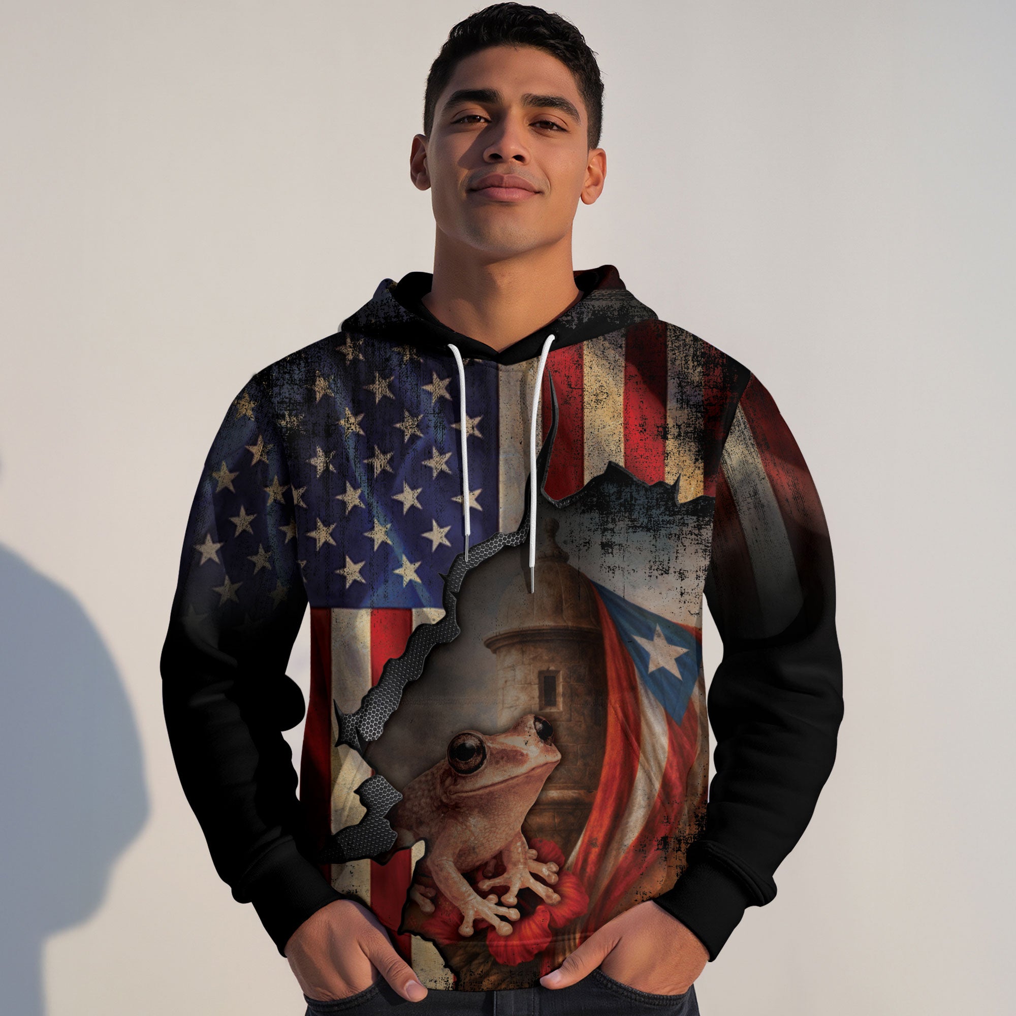 Puerto Rico USA Flag Boricua Coqui Frog El Morro Torn Black Red White Blue Hoodie