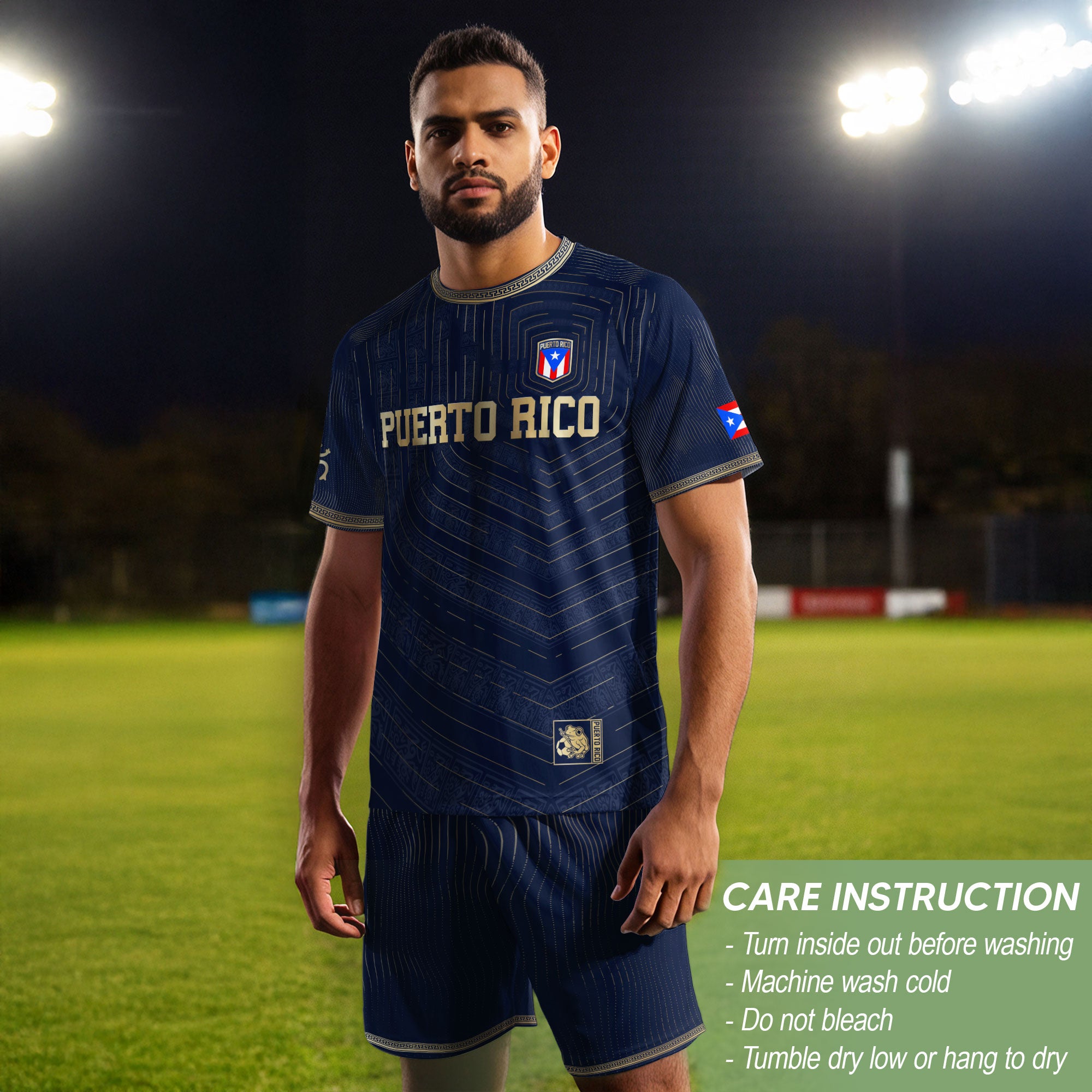 Puerto Rico Boricua Coqui Frog Taino Tribal National Soccer Jersey Navy Gold