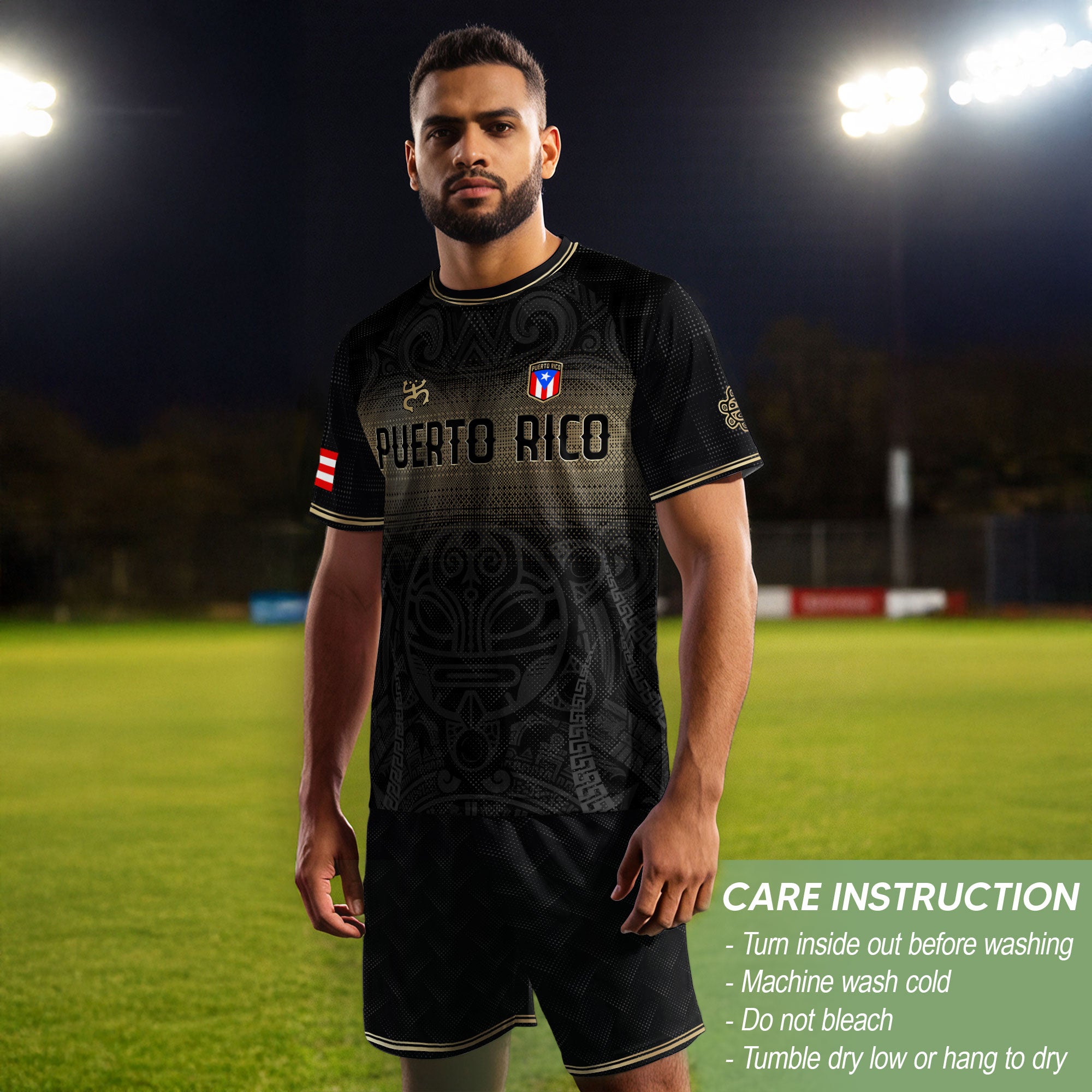Puerto Rico Boricua Coqui Frog Taino Tribal National Soccer Jersey Black Gold