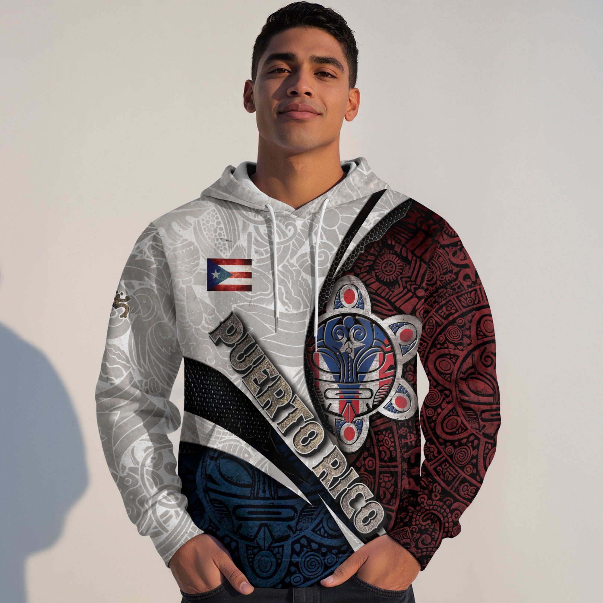 Puerto Rico Boricua Taino Sun Mask Tribal National White Red Blue Pride Hoodie