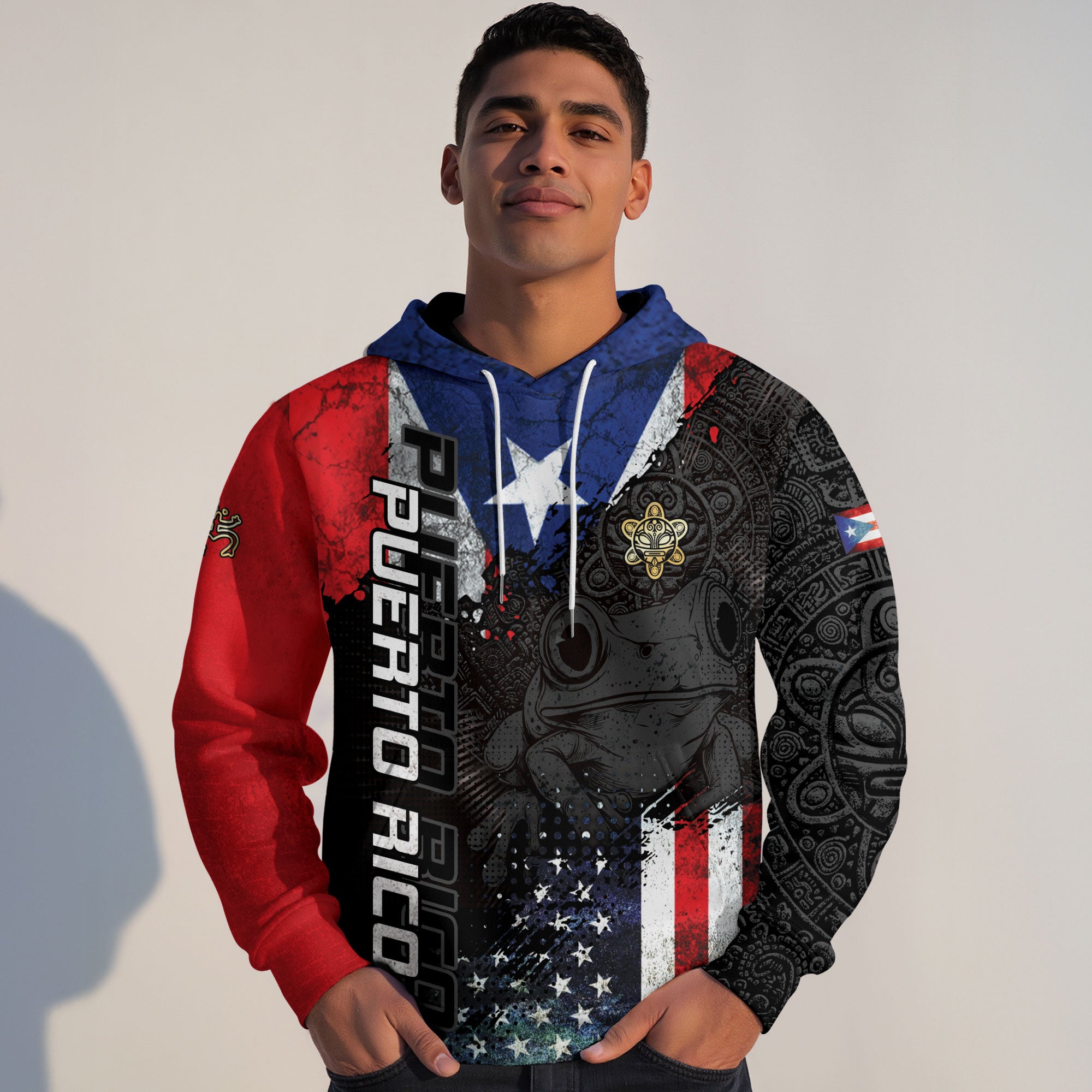 Puerto Rico Flag Coqui Frog El Morro Boricua Tribal Black Red Blue Heritage Hoodie