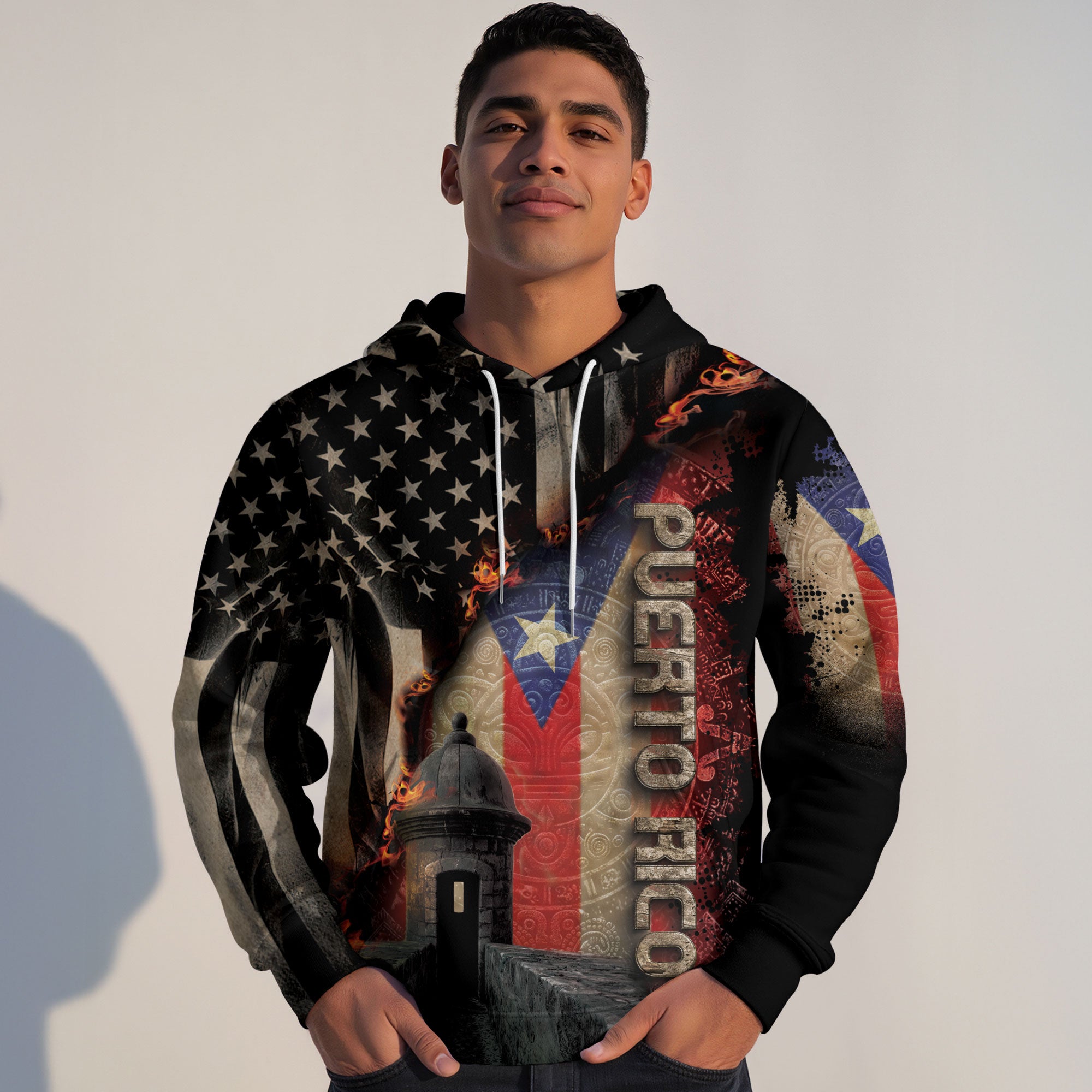 Puerto Rico USA Flag Boricua El Morro Taino Tribal Black Gold Heritage Hoodie