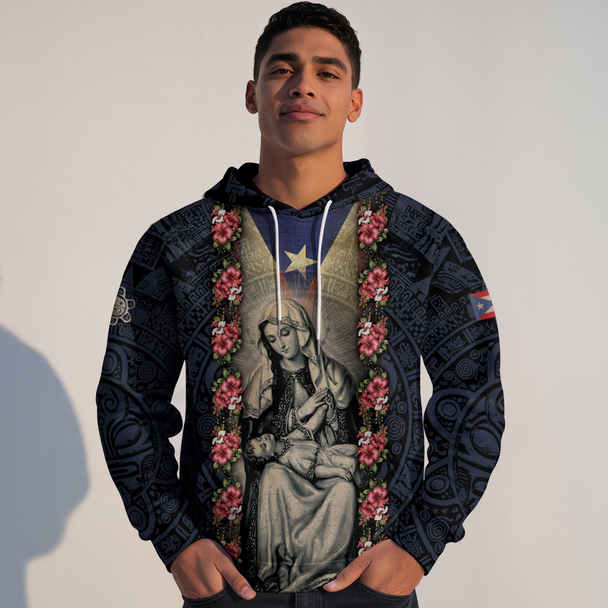 Puerto Rico Flag Boricua Virgin Mary Hibiscus Black Navy Tribal Heritage Hoodie