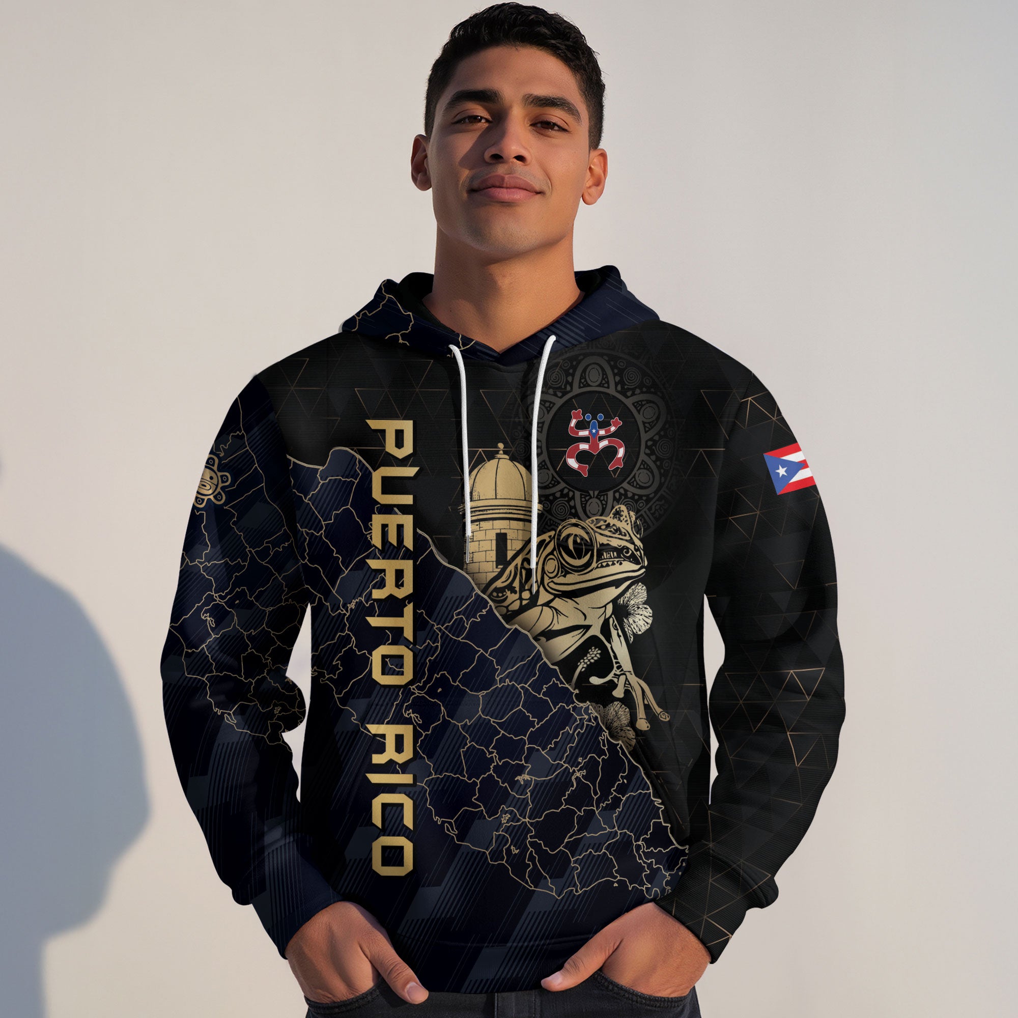 Puerto Rico Map Boricua Coqui Frog El Morro Taino Tribal Black Navy Gold Hoodie