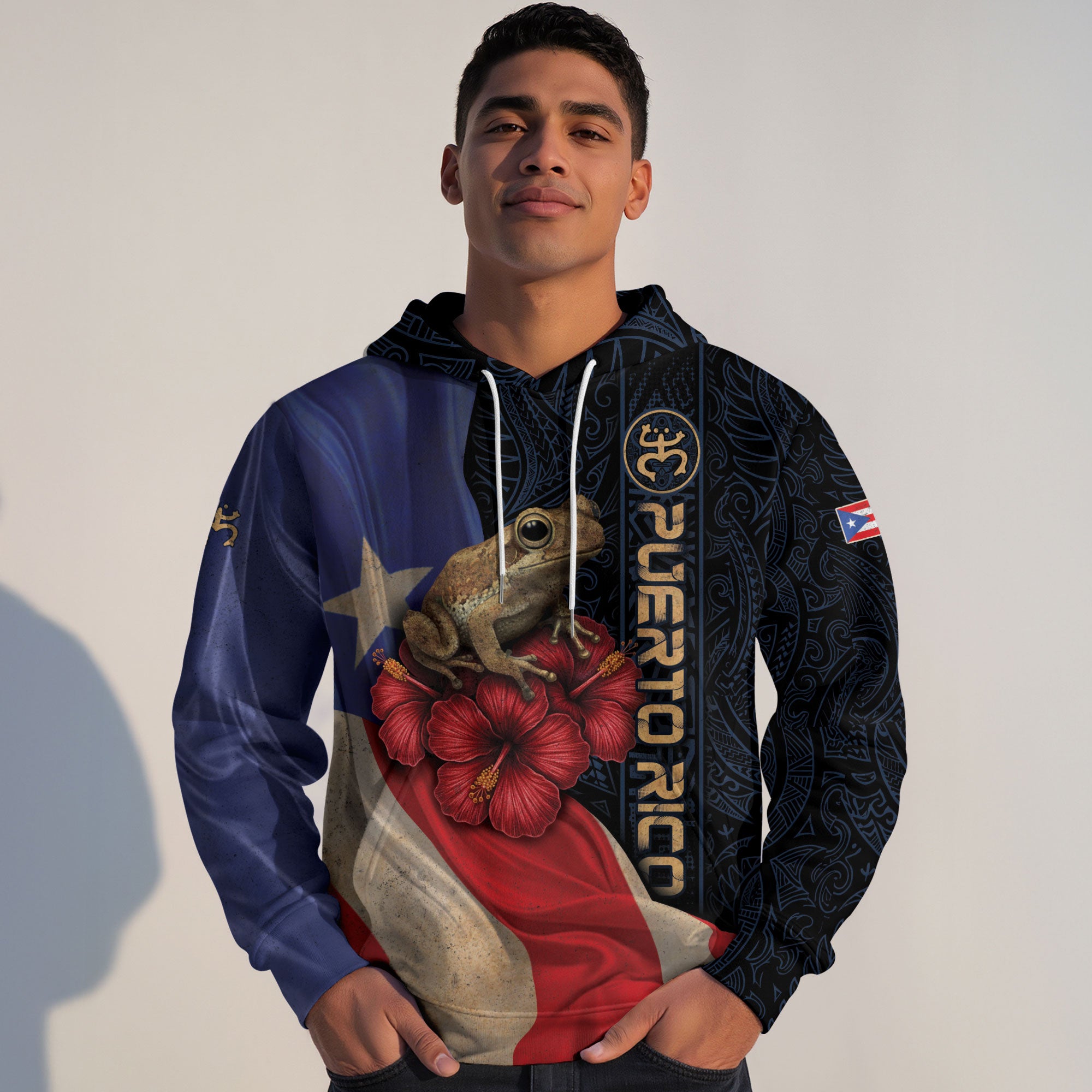 Puerto Rico Flag Boricua Coqui Frog Hibiscus Flower Taino Tribal Black Gold Hoodie
