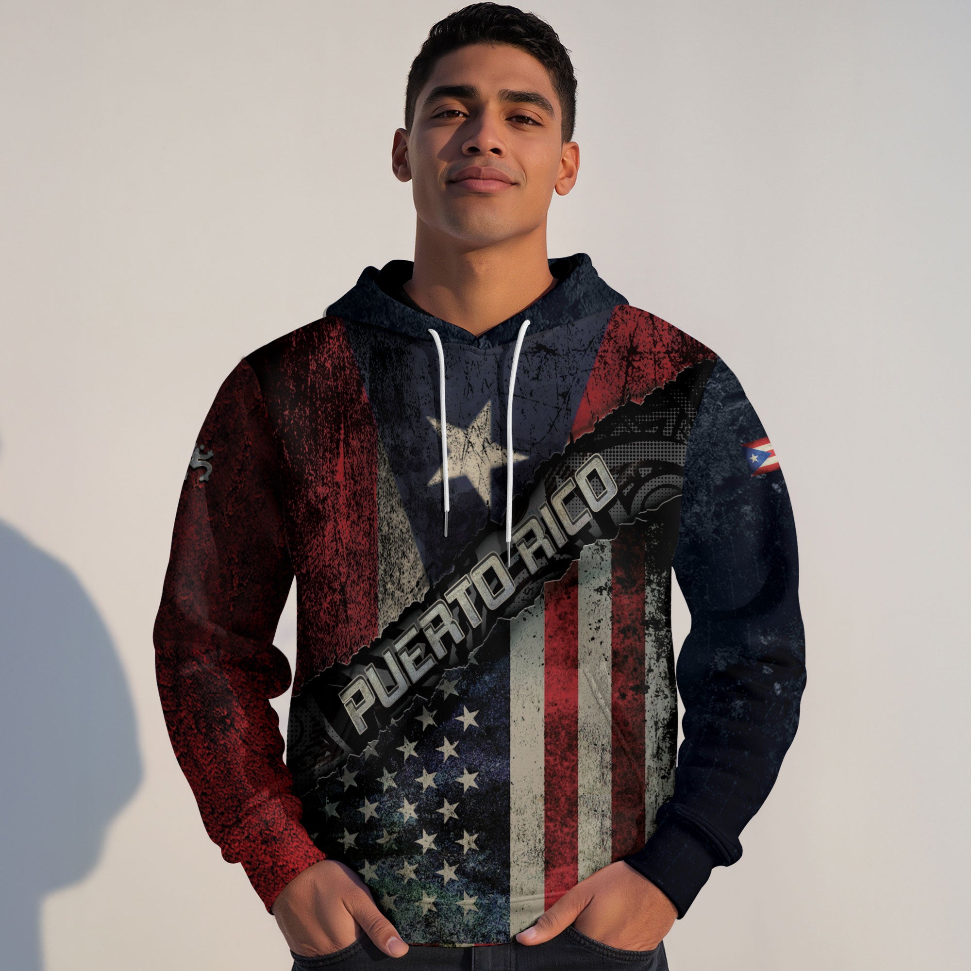 Puerto Rico USA Flag Boricua Taino Tribal Patriotic National Blue White Red Hoodie