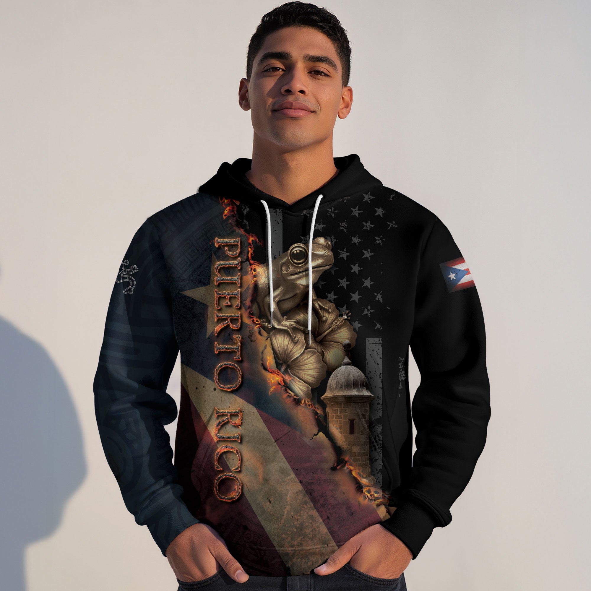 Puerto Rico Flag Boricua Coqui Frog El Morro Taino Tribal Black Gold Heritage Hoodie