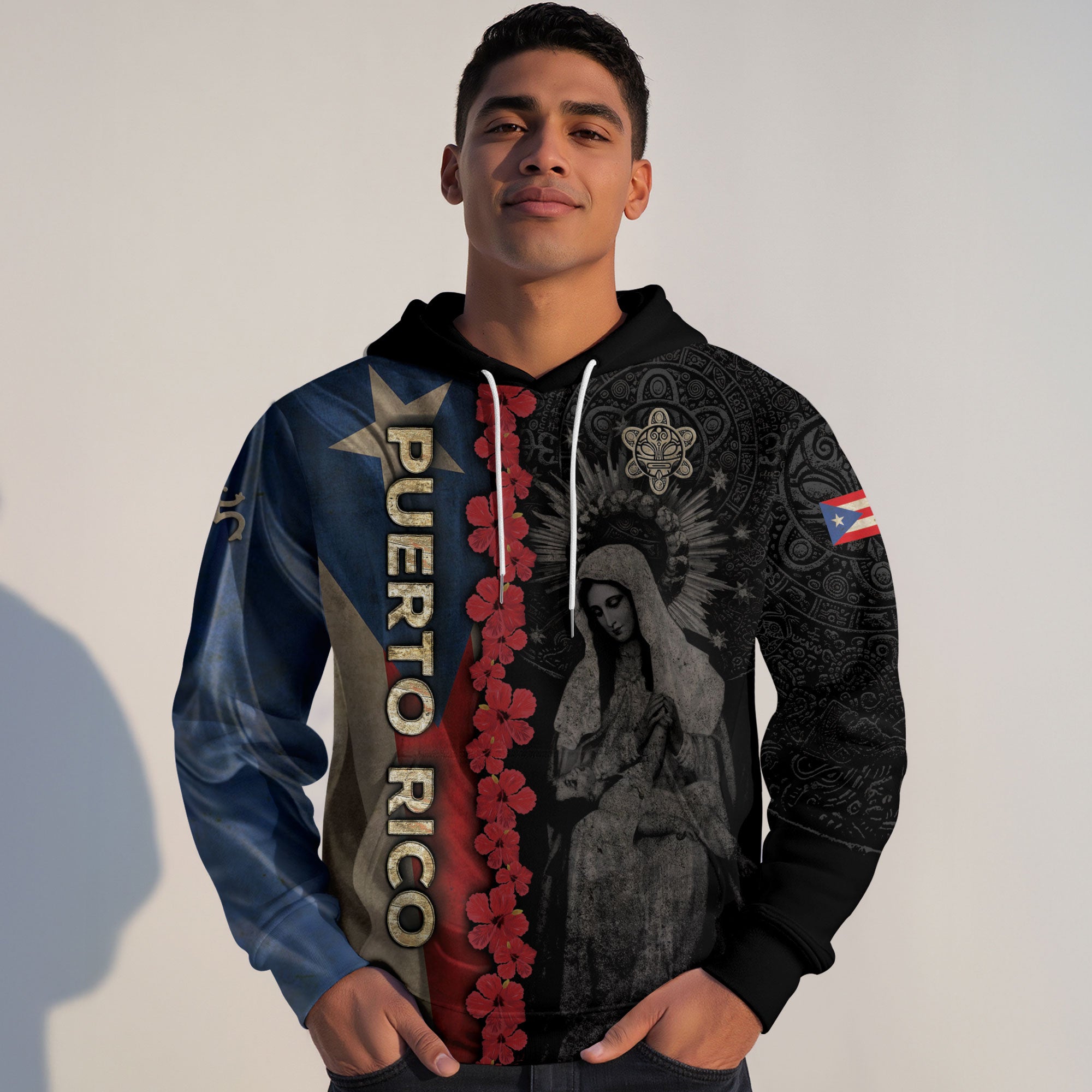 Puerto Rico Flag Boricua Virgin Mary Blessed Mother Taino Black Gold Hoodie