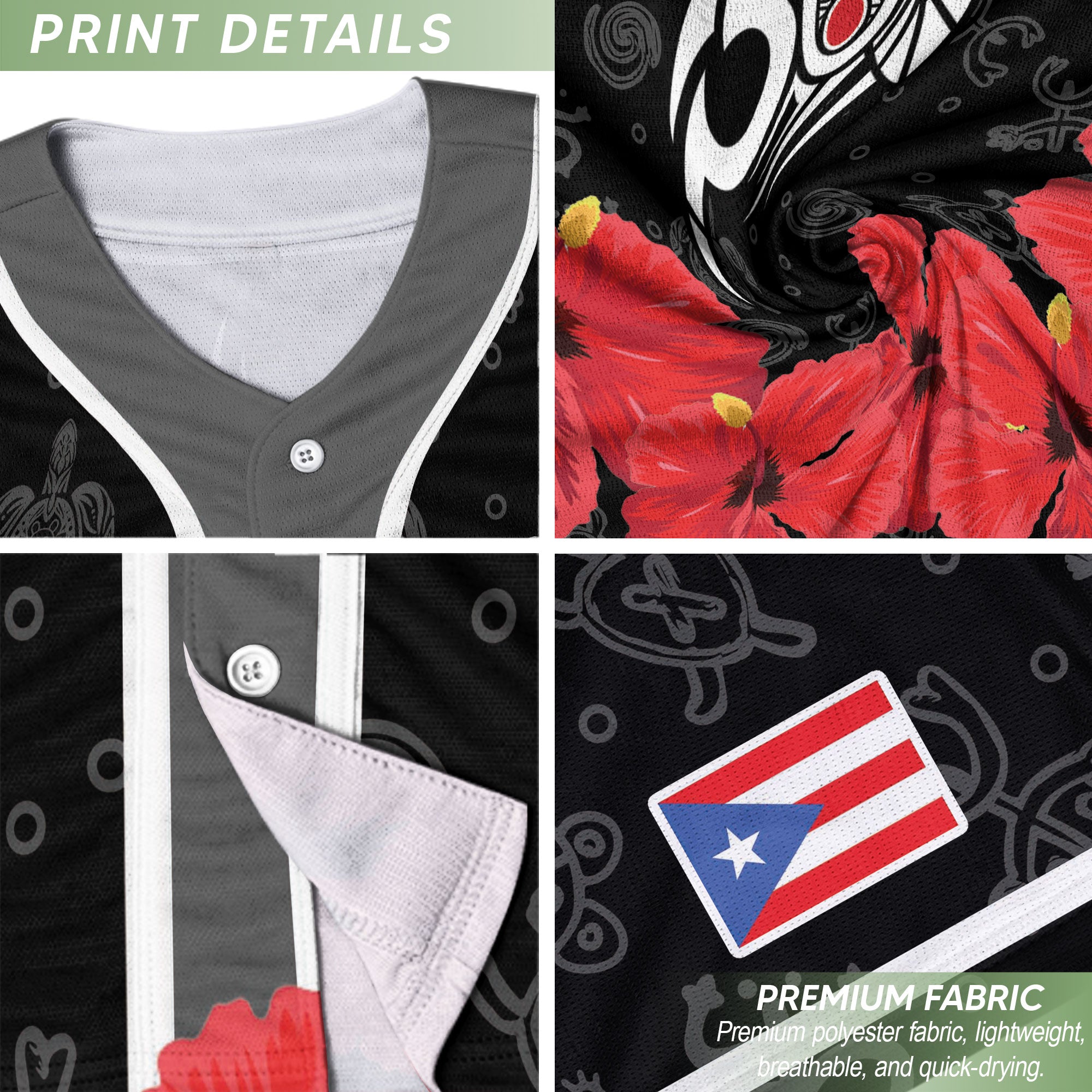 Puerto Rico Boricua Red Hibiscus Floral Flag Taino Heritage Baseball Jersey