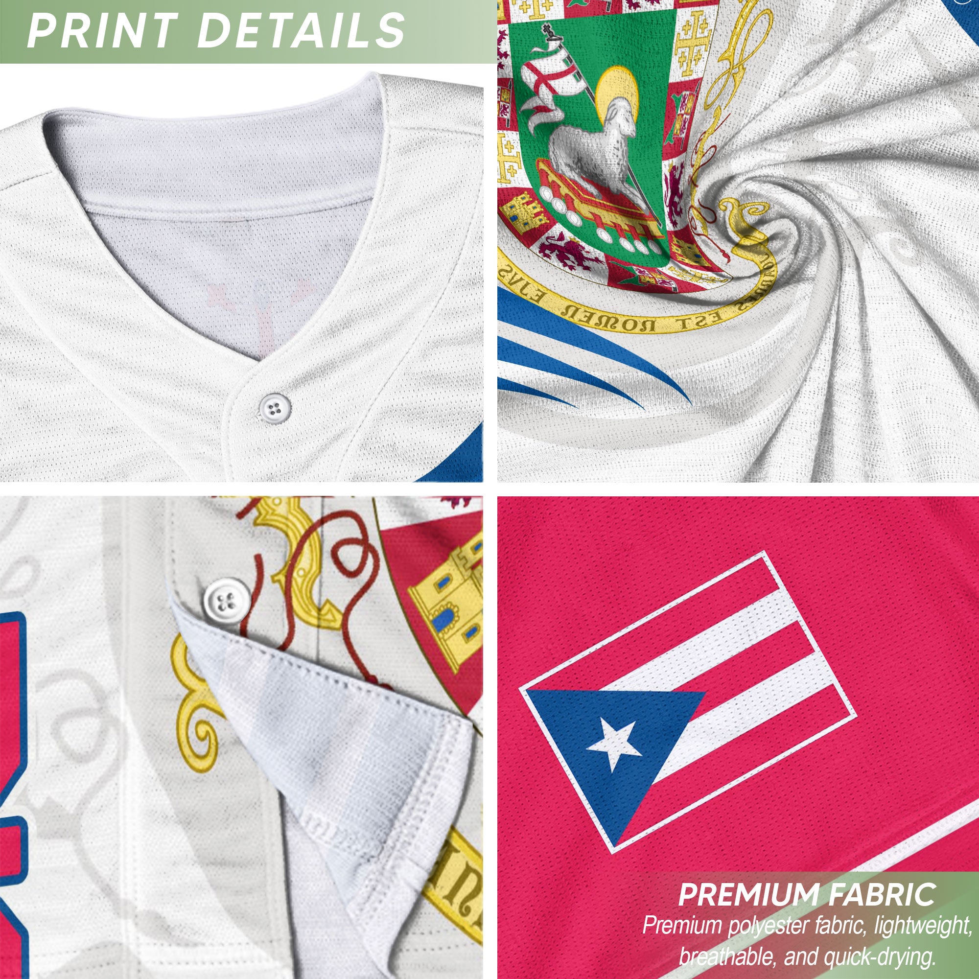 Puerto Rico Boricua White Royal Coat Of Arms Flag Heritage Graphic Baseball Jersey