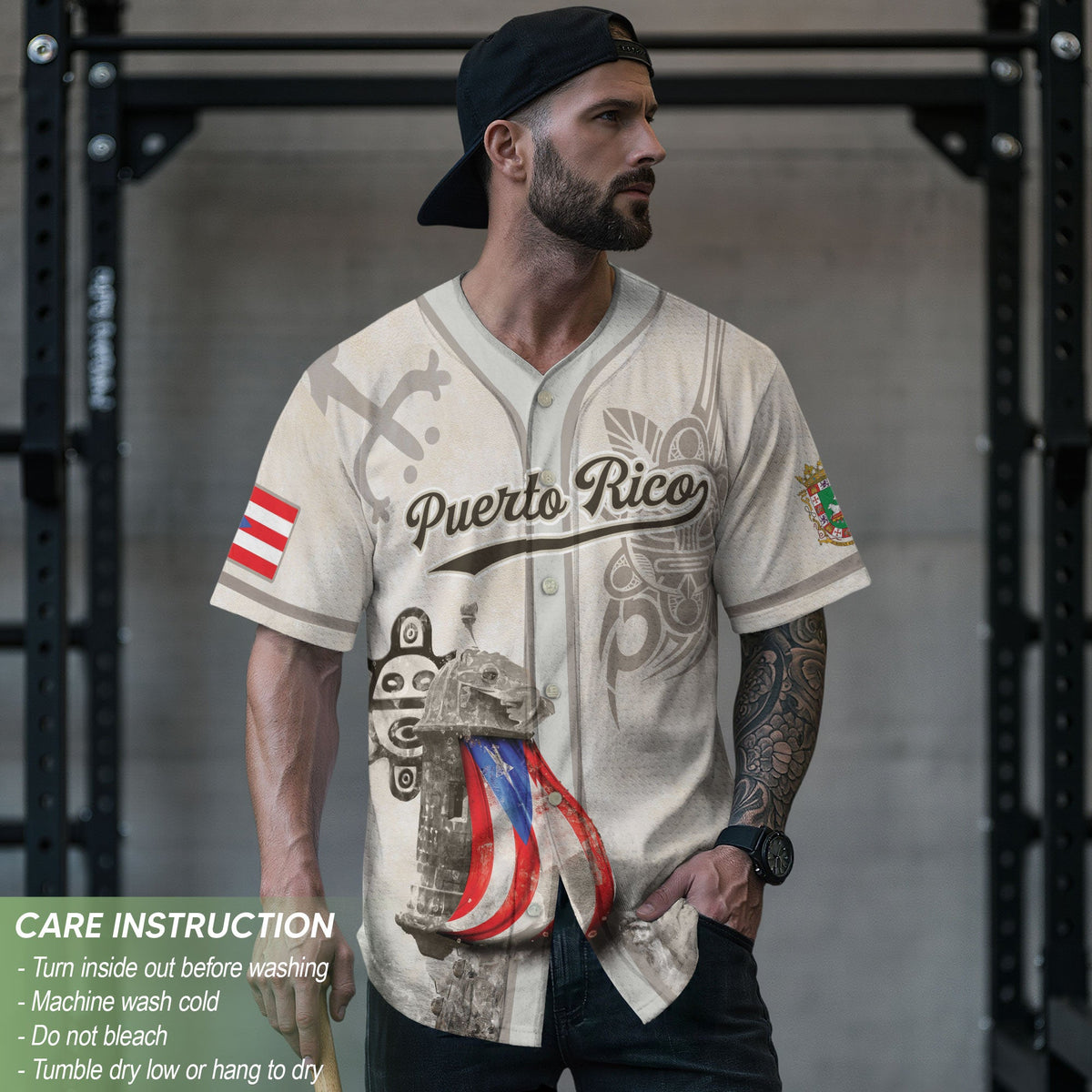 Puerto Rico Baseball Jersey in Heritage White for Men and Women, Beige Boricua Fortress Tribal Graphic, Bold Puerto Rico Shirts for Fans, Northryn Co.