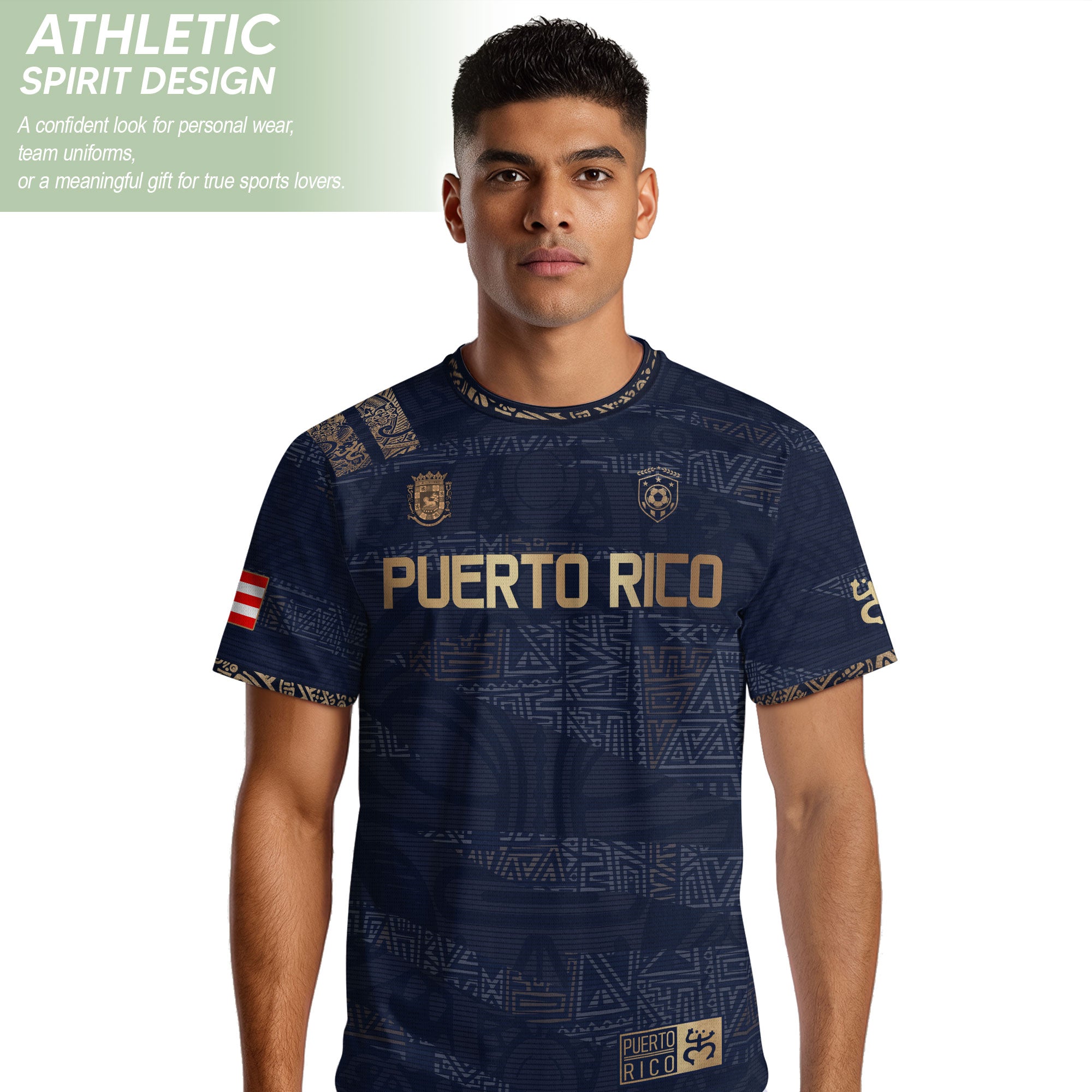 Puerto Rico Navy Gold Taino Tribal Pattern National Heritage Boricua Soccer Jersey
