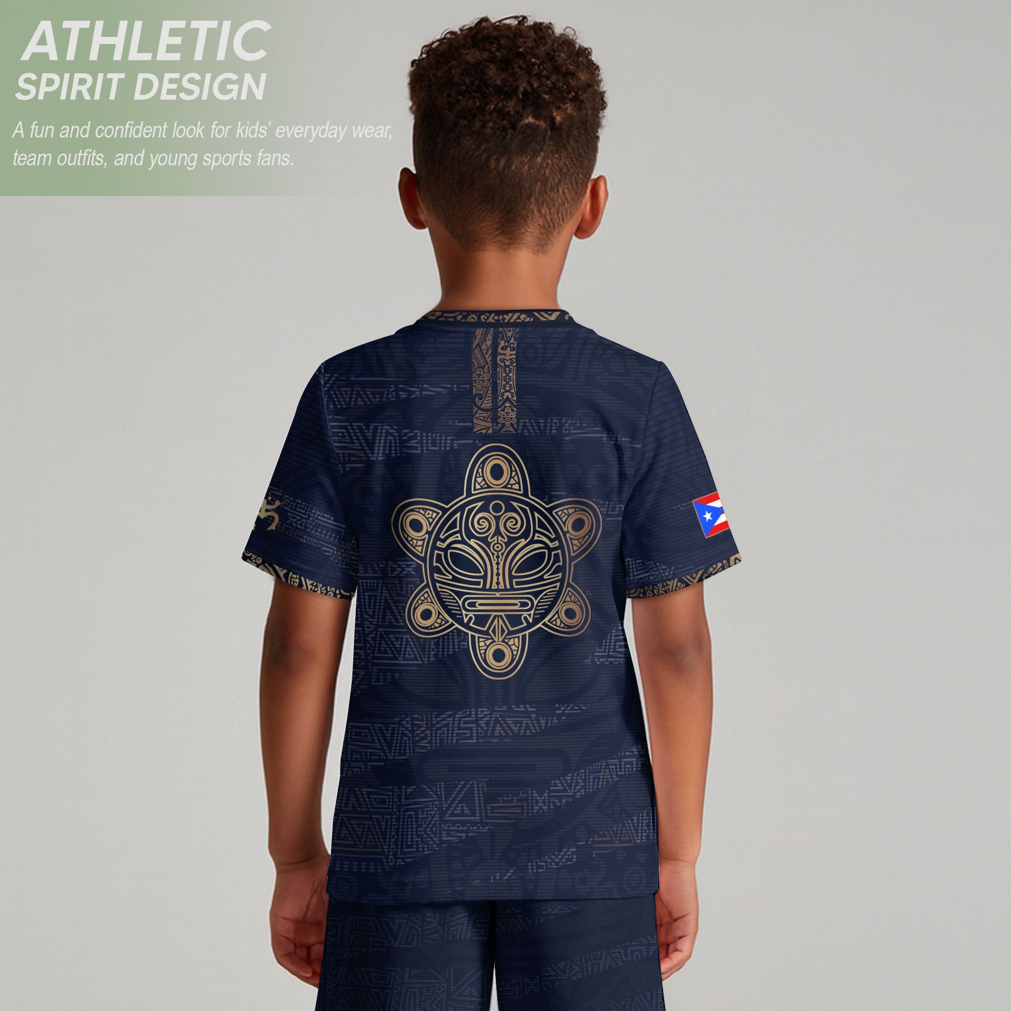 Camiseta de fútbol boricua de herencia nacional con diseño tribal taíno dorado azul marino para niños y jóvenes de Puerto Rico
