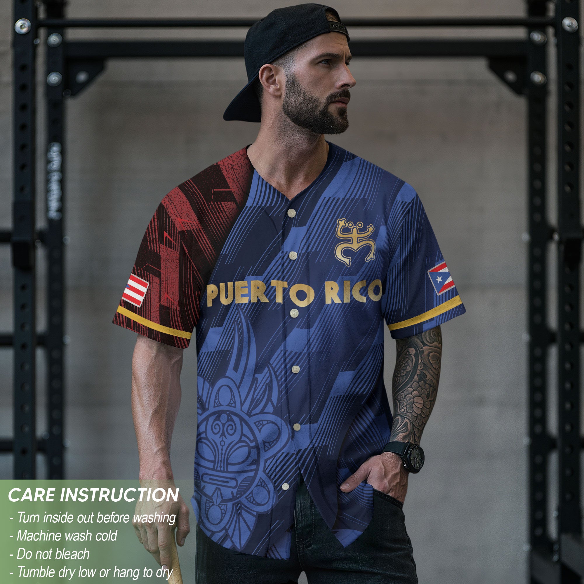 Puerto Rico Boricua Navy Blue Gold Tribal Sun National Heritage Baseball Jersey