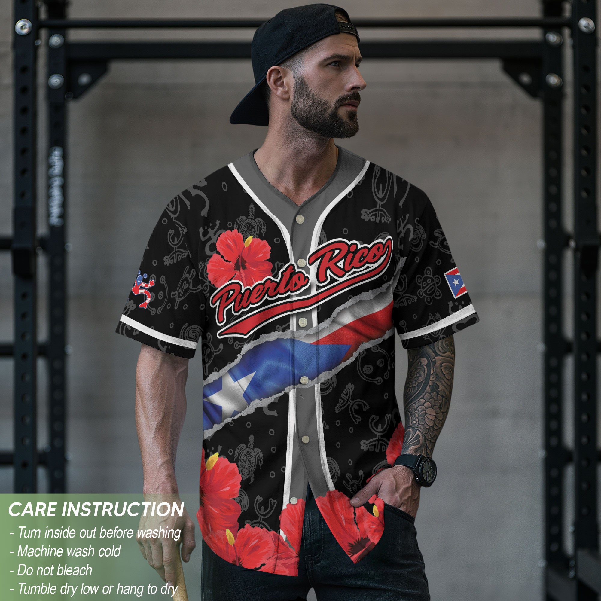 Puerto Rico Boricua Red Hibiscus Floral Flag Taino Heritage Baseball Jersey