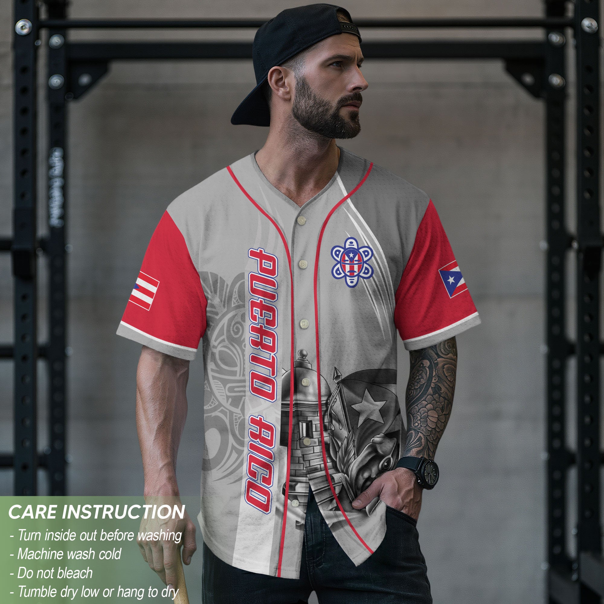 Puerto Rico Boricua Gray Red Fortress Coqui Frog Taino Heritage Baseball Jersey