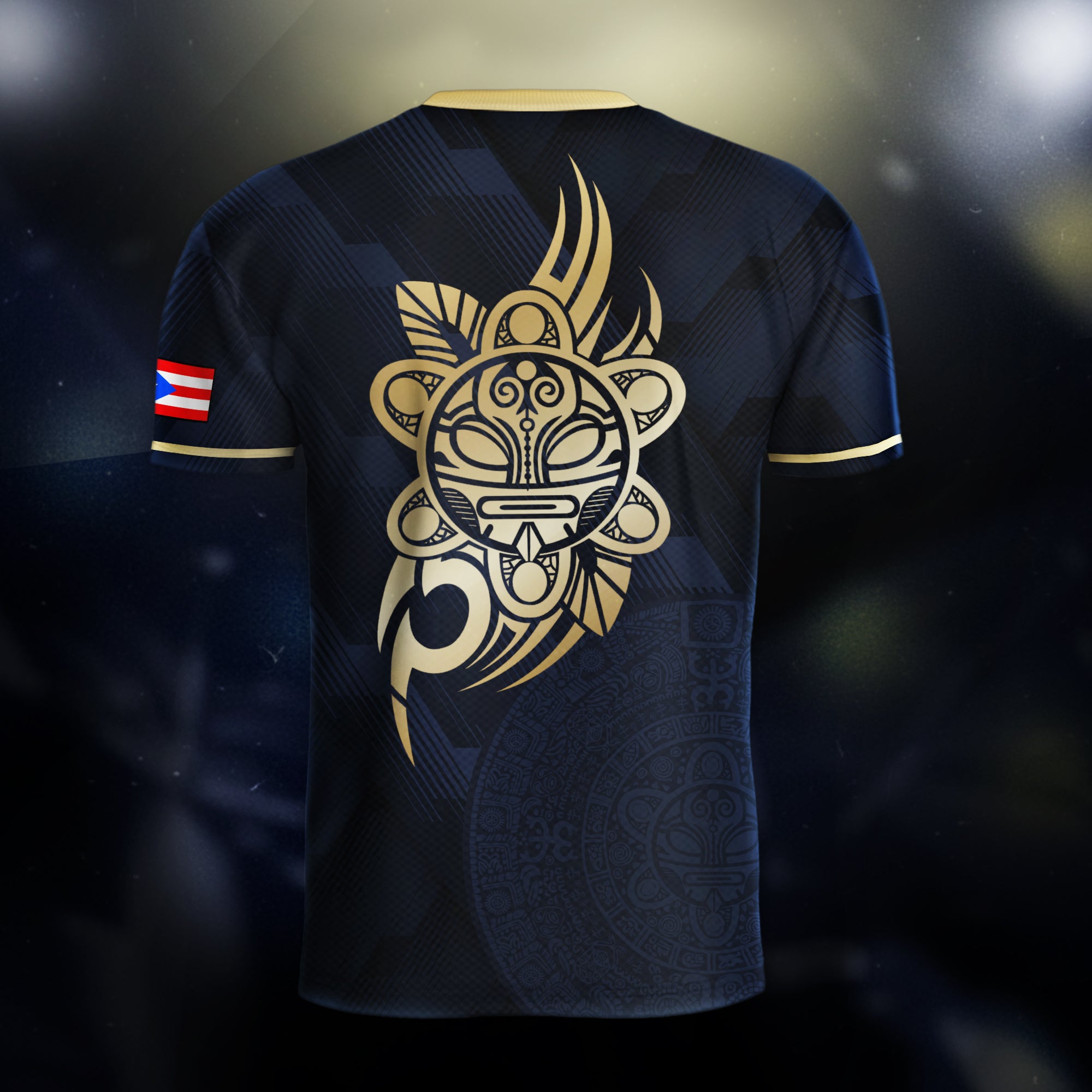 Camiseta de fútbol del orgullo nacional boricua del sol taíno dorado de la marina de Puerto Rico